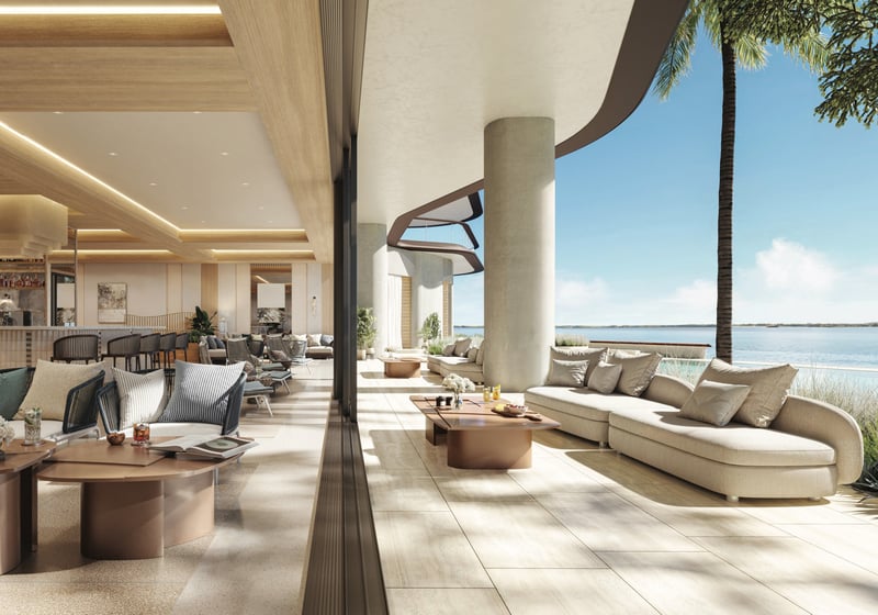 Waterfront lounge with skyline views at The Residences at Mandarin Oriental, Miami Tower Two; luxury amenity for ultra luxury preconstruction condos in Miami. Featuring view.