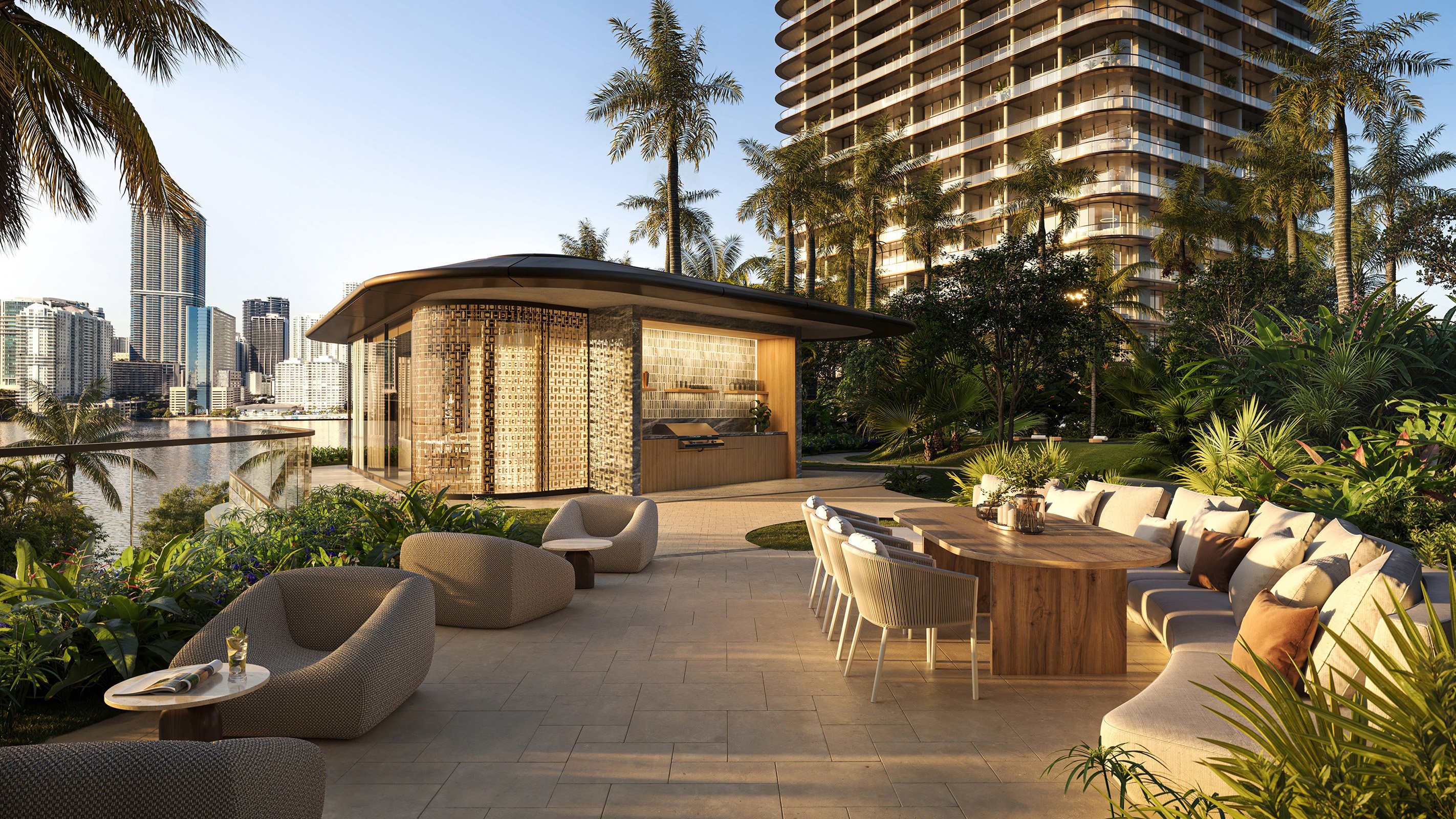 Bayfront patio living at The Residences at Mandarin Oriental, Miami Tower Two; luxury outdoor space for ultra luxury preconstruction condos on the Miami waterfront. Featuring riverside.