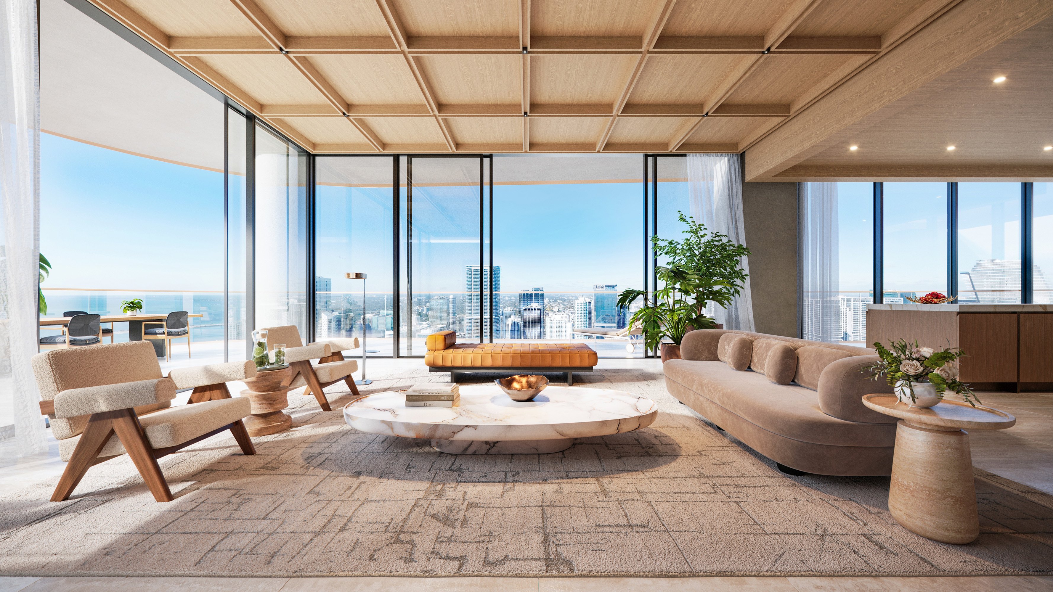 Living room with city skyline at The Residences at Mandarin Oriental, Miami Tower Two; luxury interiors for ultra luxury preconstruction condos in Miami. Featuring modern and view.