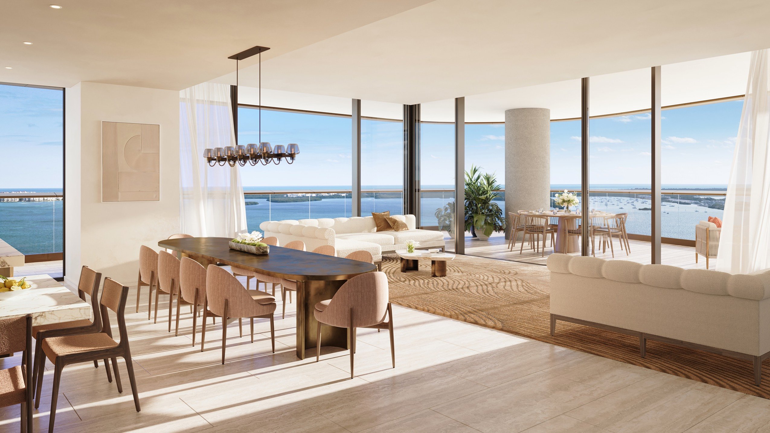 Living room with ocean panorama at The Residences at Mandarin Oriental, Miami Tower Two; luxury interiors for ultra luxury preconstruction condos on the Miami waterfront. Featuring modern and view.