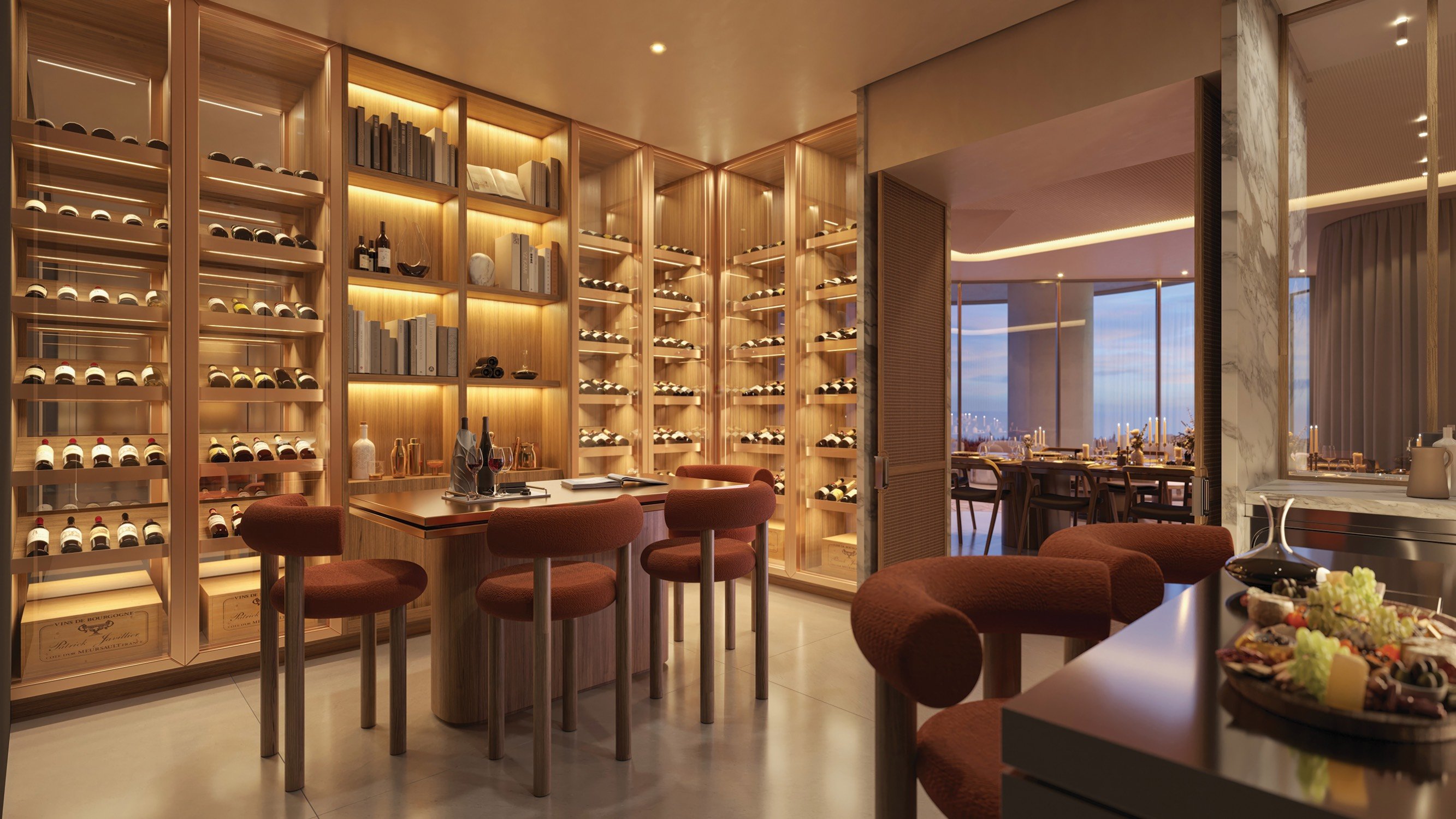 Contemporary wine bar and tasting lounge at The Residences at Mandarin Oriental, Miami Tower Two, luxury amenity for ultra luxury condos in preconstruction on Brickell Key, Miami. Featuring modern interior.