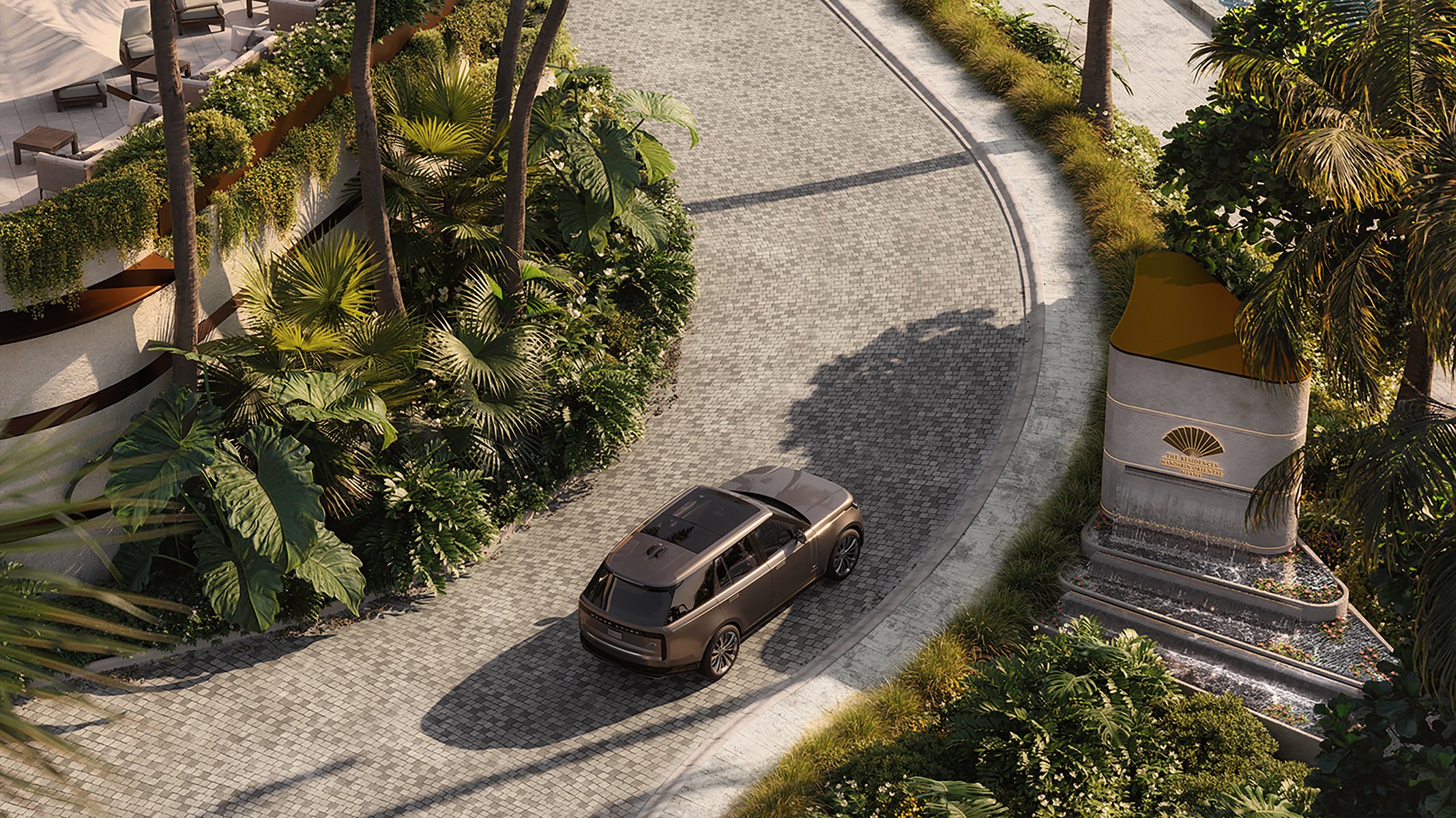 Grand urban drive framed by palms at The Residences at Mandarin Oriental, Miami Tower Two, ultra luxury condos in preconstruction, luxury arrival experience on Brickell Key, Miami. Featuring Palm and landscape.