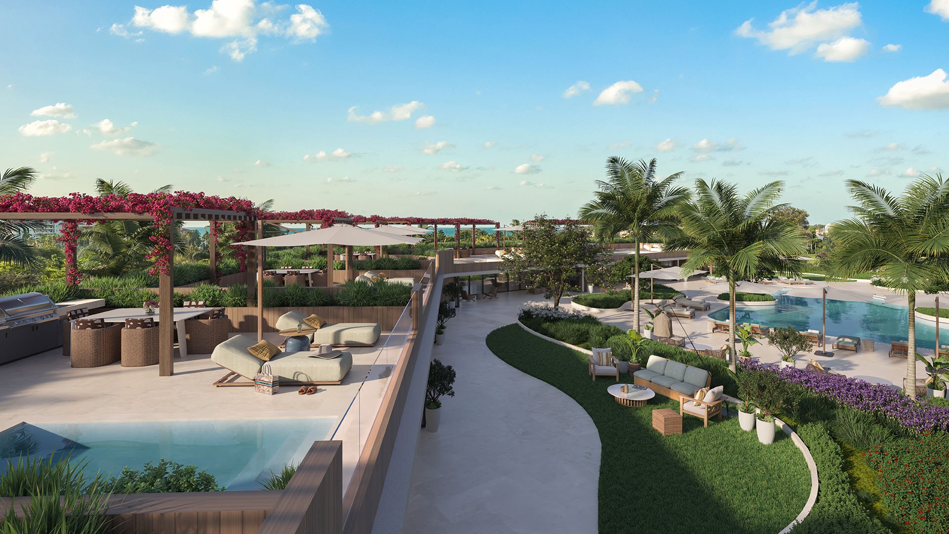 Pool terrace cabanas and pergola lounge at The Residences at Six Fisher Island, Fisher Island Miami Beach, Florida, with bougainvillea landscaping and resort-style seating, illustrating luxury and ultra luxury preconstruction condos amenities.