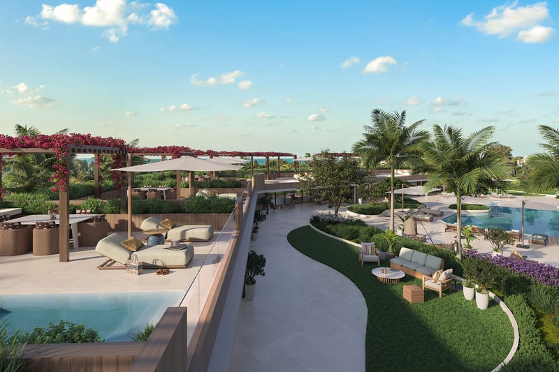 Pool terrace cabanas and pergola lounge at The Residences at Six Fisher Island, Fisher Island Miami Beach, Florida, with bougainvillea landscaping and resort-style seating, illustrating luxury and ultra luxury preconstruction condos amenities.