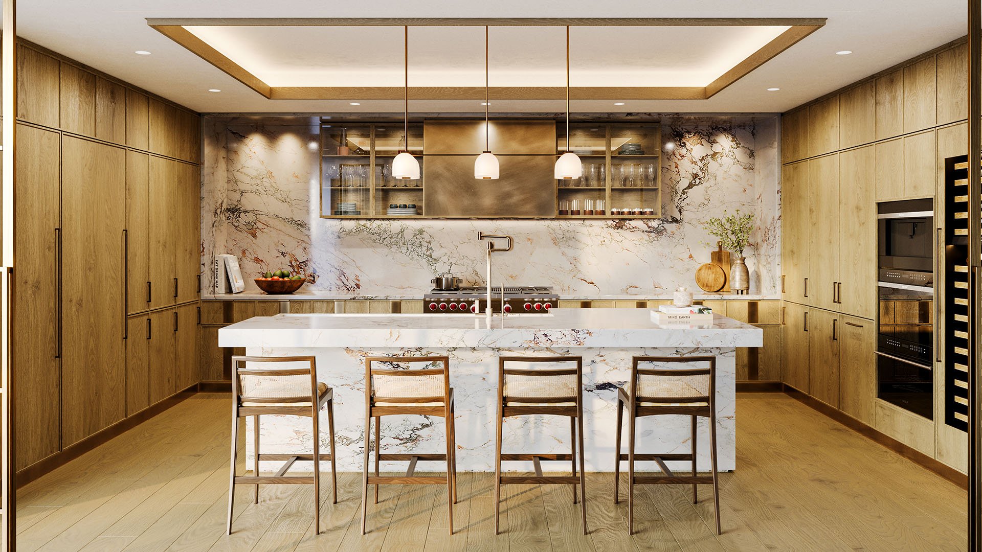 Designer kitchen at The Residences at Six Fisher Island, Fisher Island Miami Beach Florida, with marble waterfall island, slab backsplash and wood cabinetry; luxury and ultra luxury preconstruction condos interiors.
