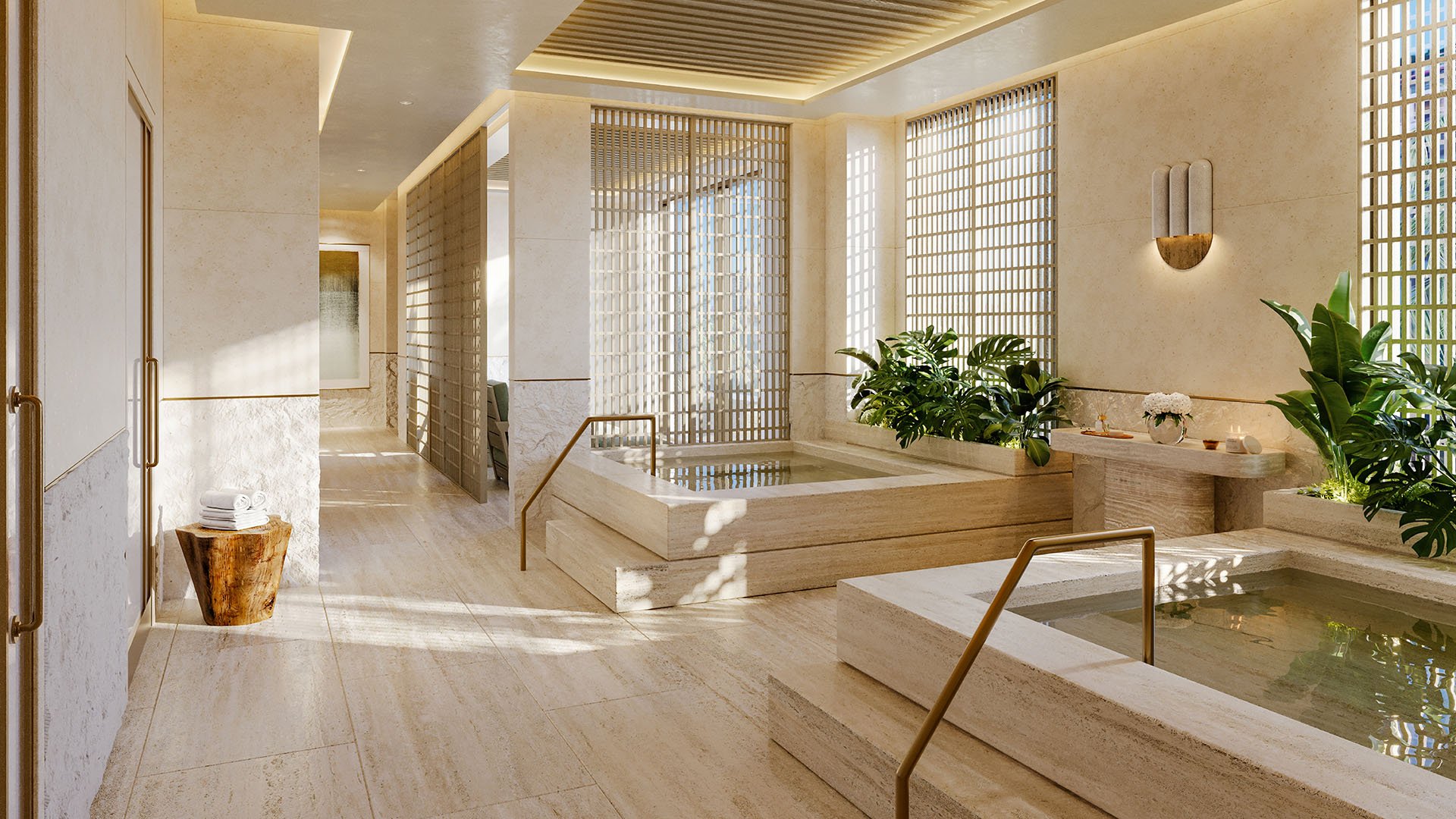 Spa hydrotherapy plunge pools at The Residences at Six Fisher Island, Fisher Island Miami Beach Florida, with stone walls, lattice screens and tropical plants; luxury and ultra luxury preconstruction condos wellness amenity.