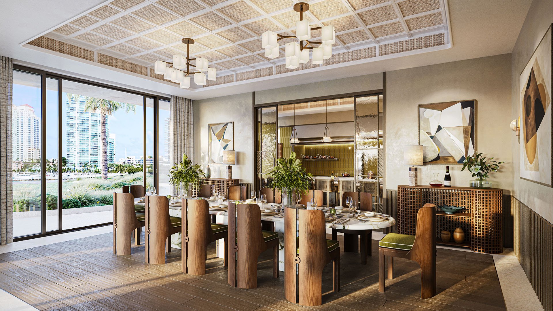 Private dining room with long marble table and coffered ceiling at The Residences at Six Fisher Island, Fisher Island Miami Beach Florida, adjoining chef kitchen and wine room; luxury and ultra luxury preconstruction condos entertaining space.