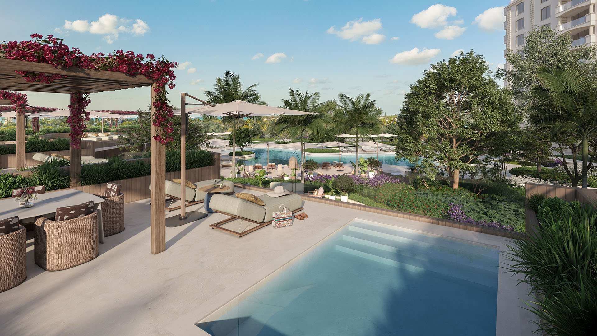 Private cabana terrace with plunge pool and daybed at The Residences at Six Fisher Island, Fisher Island Miami Beach Florida, pergola and garden views; luxury and ultra luxury preconstruction condos resort amenities.