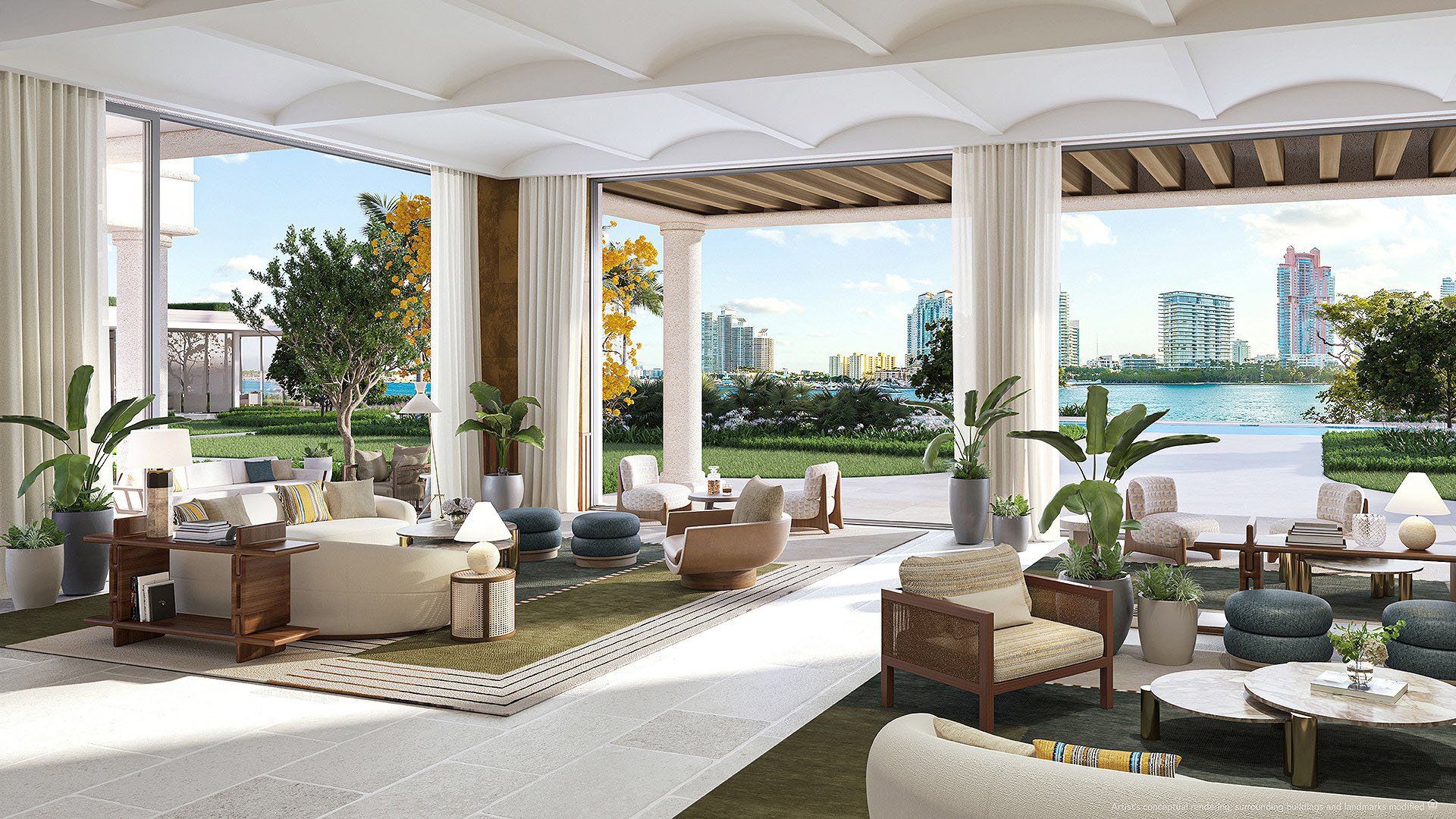 Open-air waterfront lounge at The Residences at Six Fisher Island, Fisher Island Miami Beach Florida, floor-to-ceiling openings to Biscayne Bay and skyline; luxury and ultra luxury preconstruction condos amenity.
