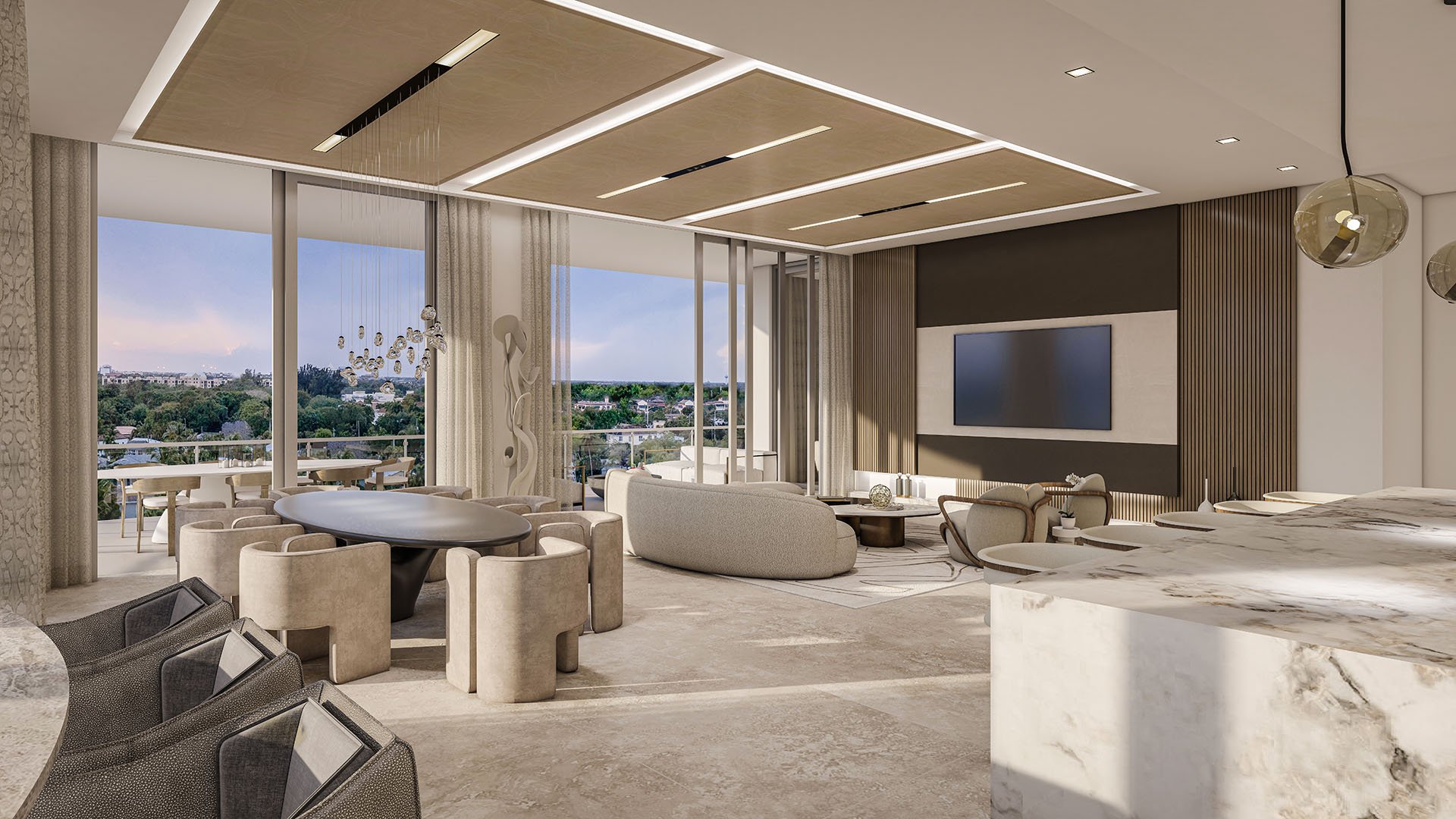 The Ritz-Carlton Residences Palm Beach Gardens Residence A great room with dining, living and TV feature wall, floor-to-ceiling glass sliders to balcony with treetop skyline view in Palm Beach Gardens, Florida. Luxury, ultra luxury preconstruction condos.