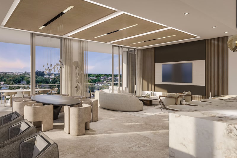 The Ritz-Carlton Residences Palm Beach Gardens Residence A great room with dining, living and TV feature wall, floor-to-ceiling glass sliders to balcony with treetop skyline view in Palm Beach Gardens, Florida. Luxury, ultra luxury preconstruction condos.