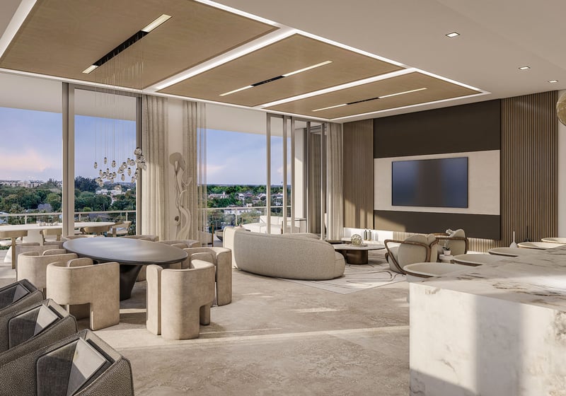 The Ritz-Carlton Residences Palm Beach Gardens Residence A great room with dining, living and TV feature wall, floor-to-ceiling glass sliders to balcony with treetop skyline view in Palm Beach Gardens, Florida. Luxury, ultra luxury preconstruction condos.