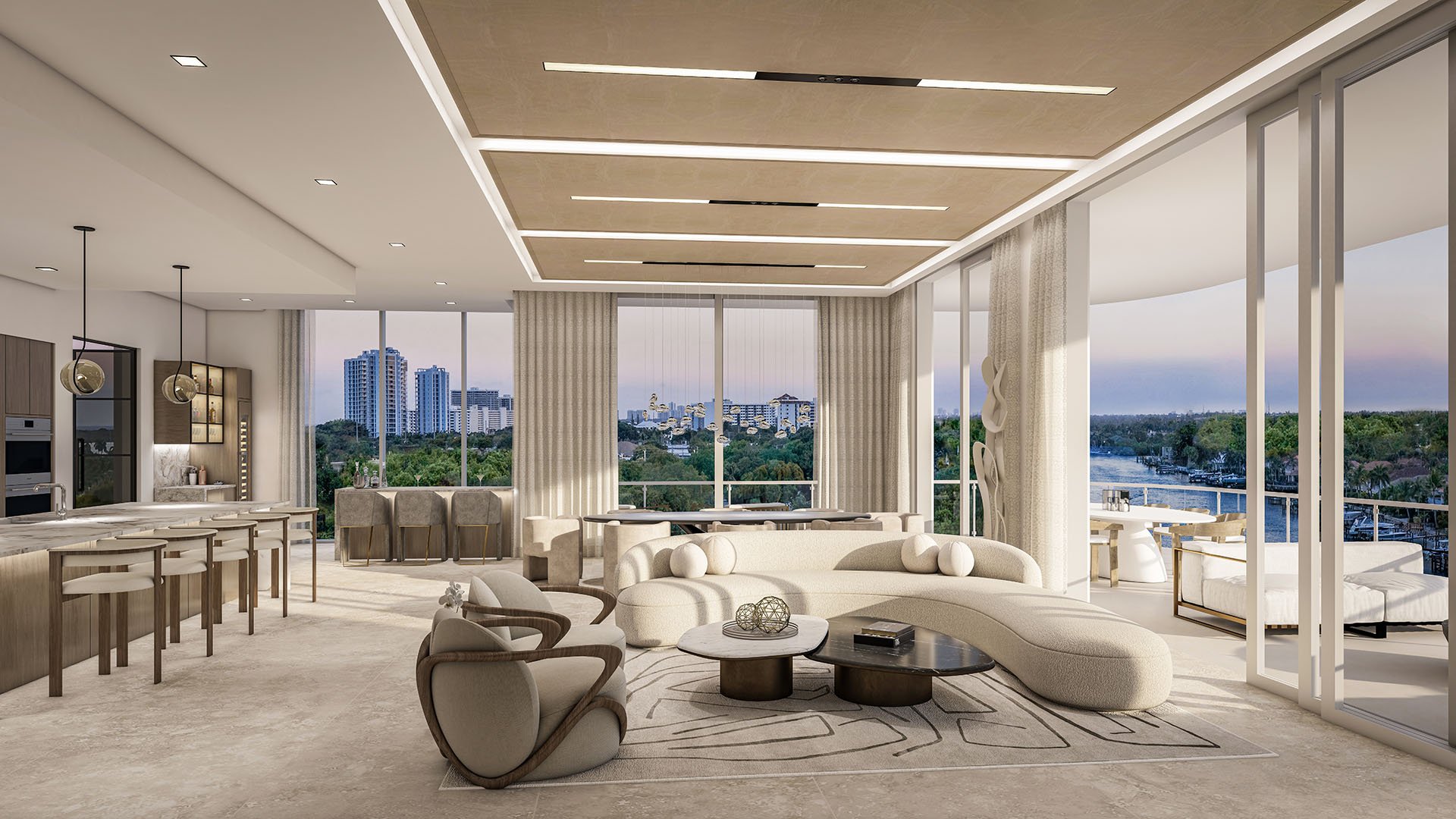 The Ritz-Carlton Residences Palm Beach Gardens Residence A open-concept living and kitchen with curved sectional, marble island and floor-to-ceiling windows opening to a waterfront balcony in Palm Beach Gardens, Florida. Luxury, ultra luxury preconstruction condos.