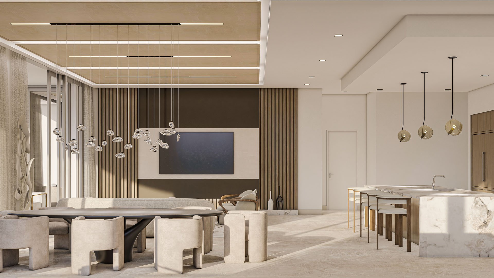 The Ritz-Carlton Residences Palm Beach Gardens Residence A panoramic great room featuring dining table, kitchen island, sculptural glass chandelier and TV feature wall, Palm Beach Gardens, Florida. Luxury and ultra luxury preconstruction condos interior rendering.