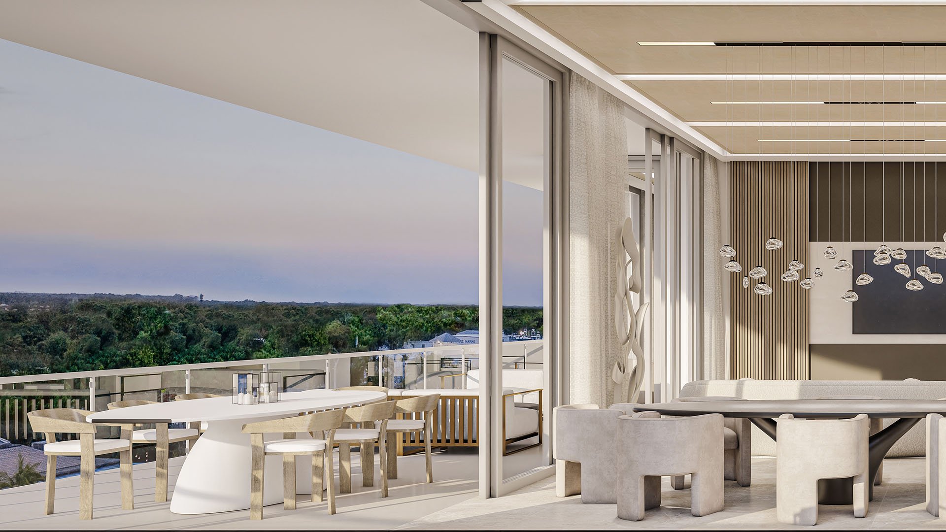 The Ritz-Carlton Residences Palm Beach Gardens Residence A indoor-outdoor living with balcony dining and sliding glass doors, overlooking treetops and skyline in Palm Beach Gardens, Florida. Luxury, ultra luxury preconstruction condos lifestyle.