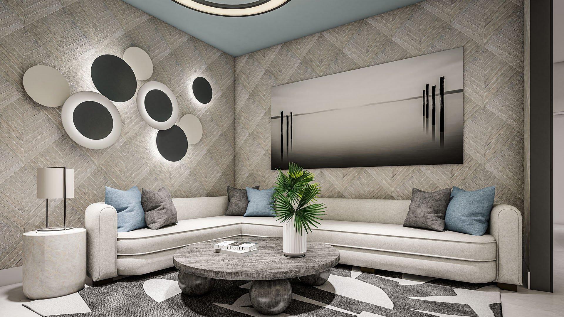 The Ritz-Carlton Residences Palm Beach Gardens Residence B den lounge with L-shaped sectional, herringbone accent walls and modern art, Palm Beach Gardens, Florida. Luxury and ultra luxury preconstruction condos with designer interiors.