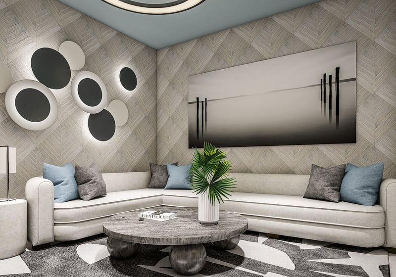 The Ritz-Carlton Residences Palm Beach Gardens Residence B den lounge with L-shaped sectional, herringbone accent walls and modern art, Palm Beach Gardens, Florida. Luxury and ultra luxury preconstruction condos with designer interiors.