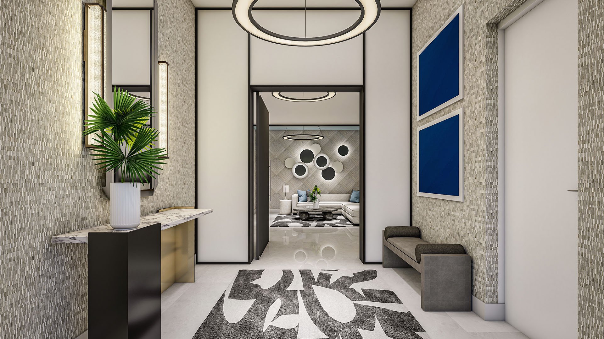 The Ritz-Carlton Residences Palm Beach Gardens Residence B entry vestibule with mosaic wall texture, marble console, ring chandelier and designer artwork, Palm Beach Gardens, Florida. Luxury and ultra luxury preconstruction condos arrival.