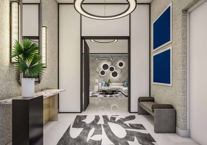 The Ritz-Carlton Residences Palm Beach Gardens Residence B entry vestibule with mosaic wall texture, marble console, ring chandelier and designer artwork, Palm Beach Gardens, Florida. Luxury and ultra luxury preconstruction condos arrival.