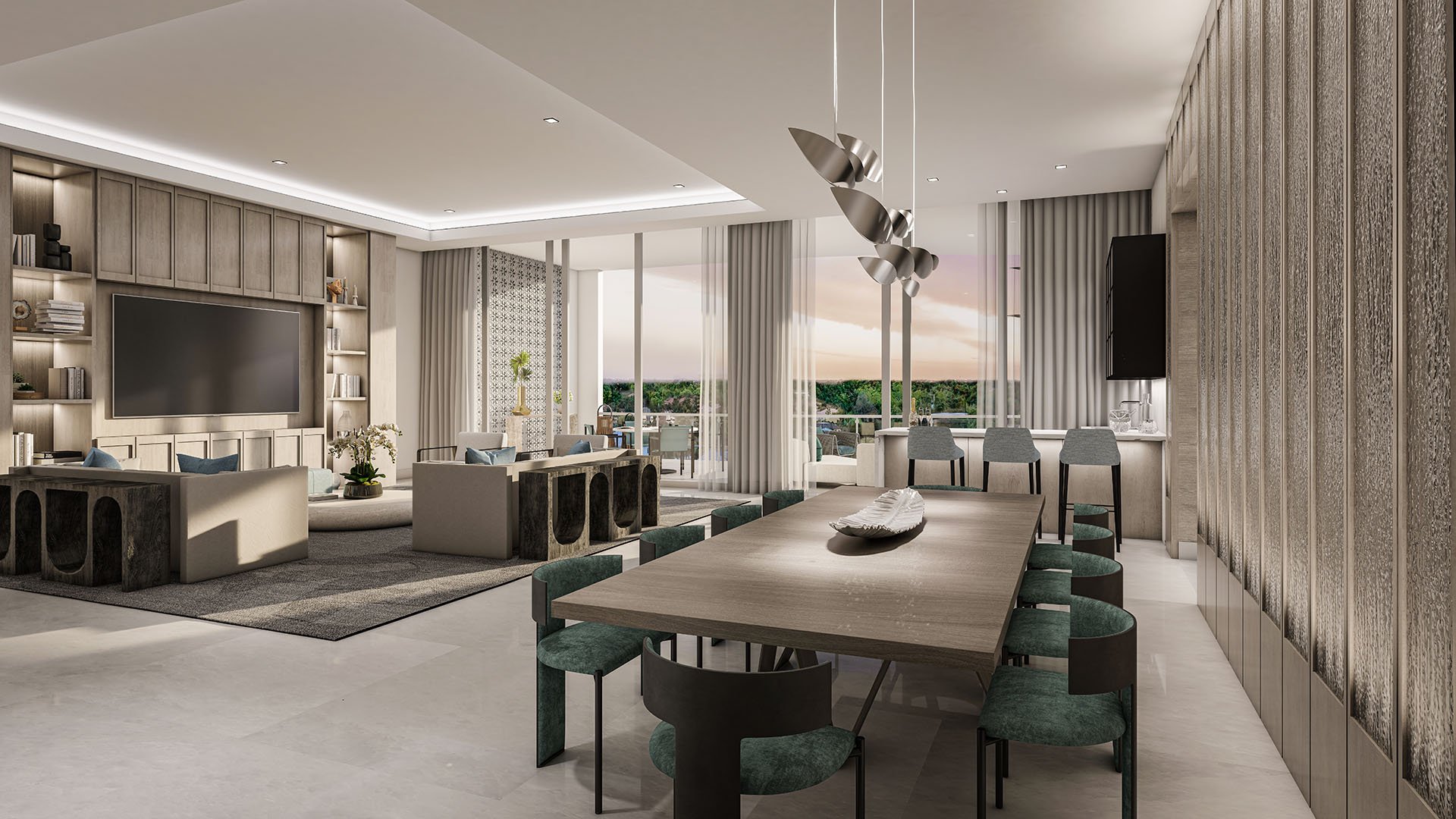 The Ritz-Carlton Residences Palm Beach Gardens Residence B open great room from dining to living with TV media wall and balcony sunset view in Palm Beach Gardens, Florida. Luxury, ultra luxury preconstruction condos interior.