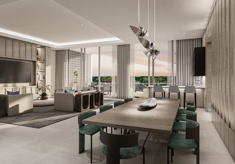 The Ritz-Carlton Residences Palm Beach Gardens Residence B open great room from dining to living with TV media wall and balcony sunset view in Palm Beach Gardens, Florida. Luxury, ultra luxury preconstruction condos interior.