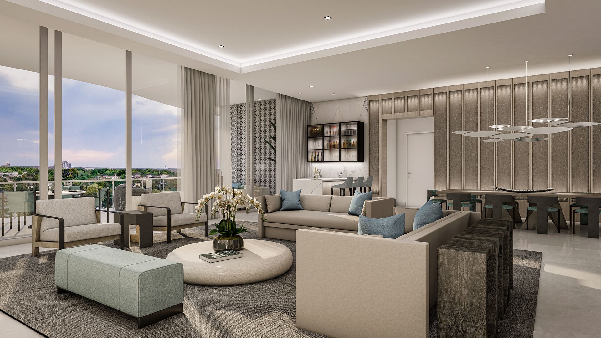 The Ritz-Carlton Residences Palm Beach Gardens Residence B living area with sofas and blue pillows, floor-to-ceiling windows, balcony view, plus dining and wet bar, Palm Beach Gardens, Florida. Luxury, ultra luxury preconstruction condos.