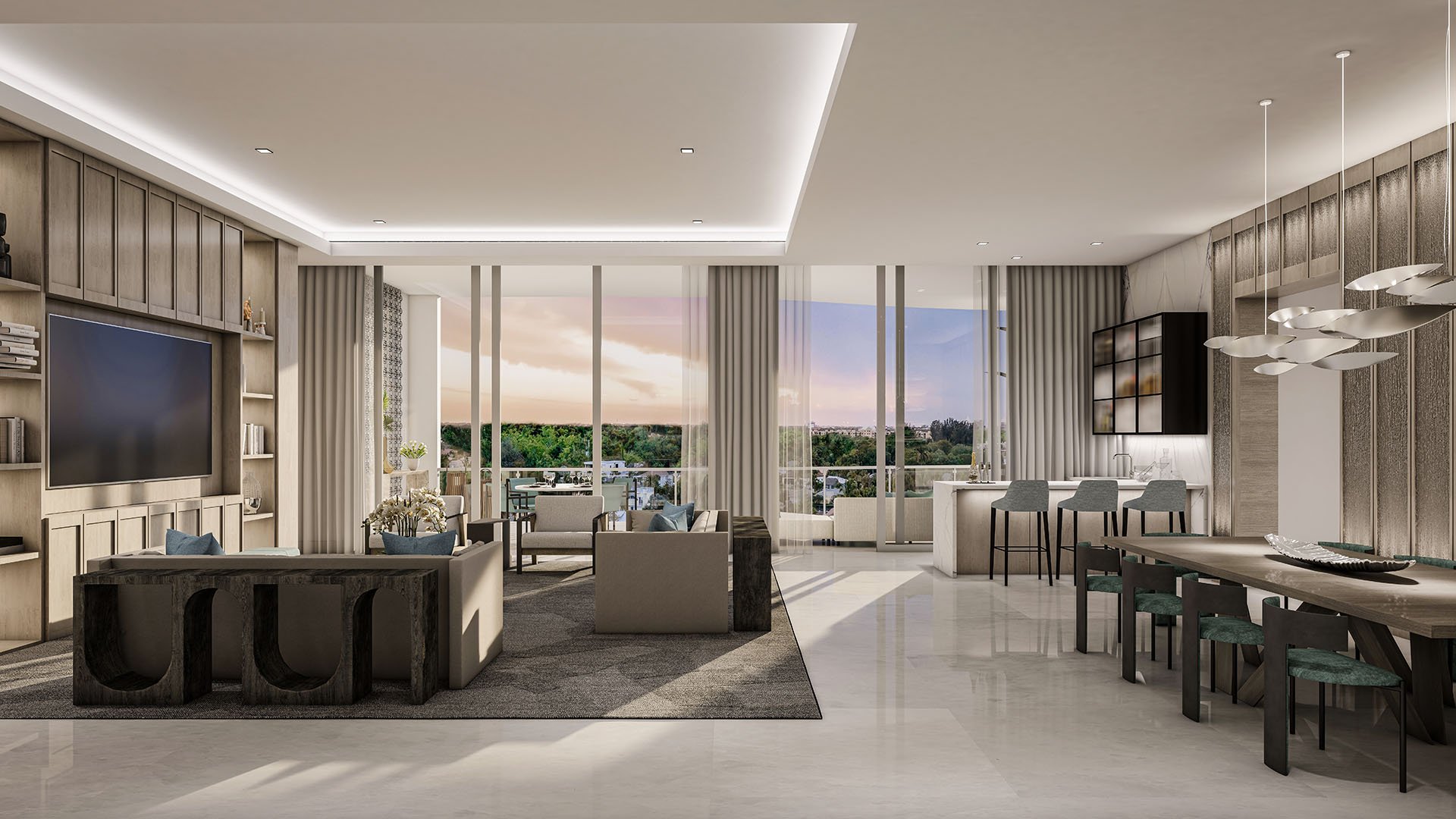 The Ritz-Carlton Residences Palm Beach Gardens Residence B wide open-concept living, dining and wet bar with floor-to-ceiling glass doors to balcony view, Palm Beach Gardens, Florida. Luxury and ultra luxury preconstruction condos.