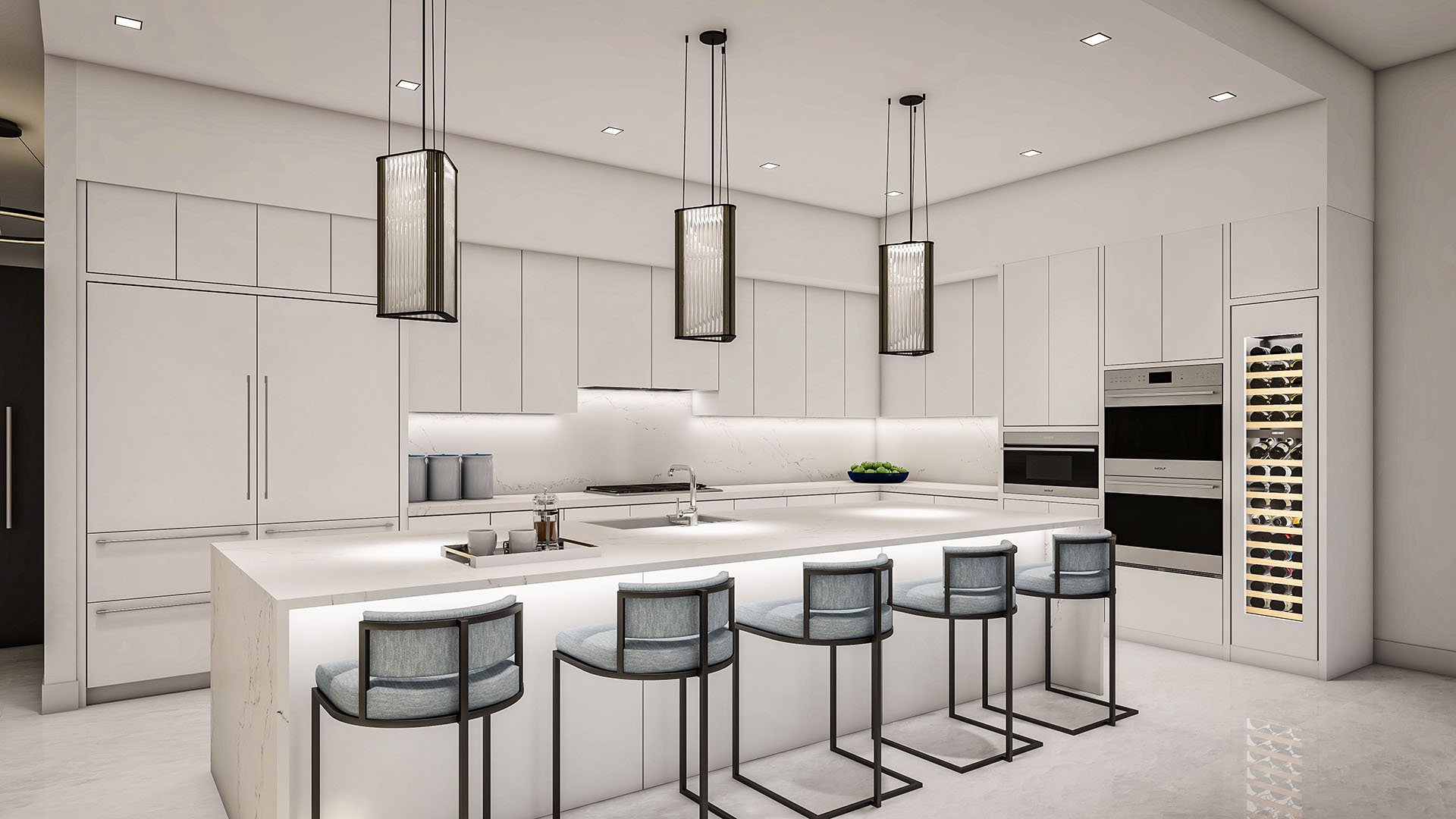 The Ritz-Carlton Residences Palm Beach Gardens Residence B white kitchen with marble island, bar seating, pendant lighting, built-in wine fridge and double ovens, Palm Beach Gardens, Florida. Luxury, ultra luxury preconstruction condos.