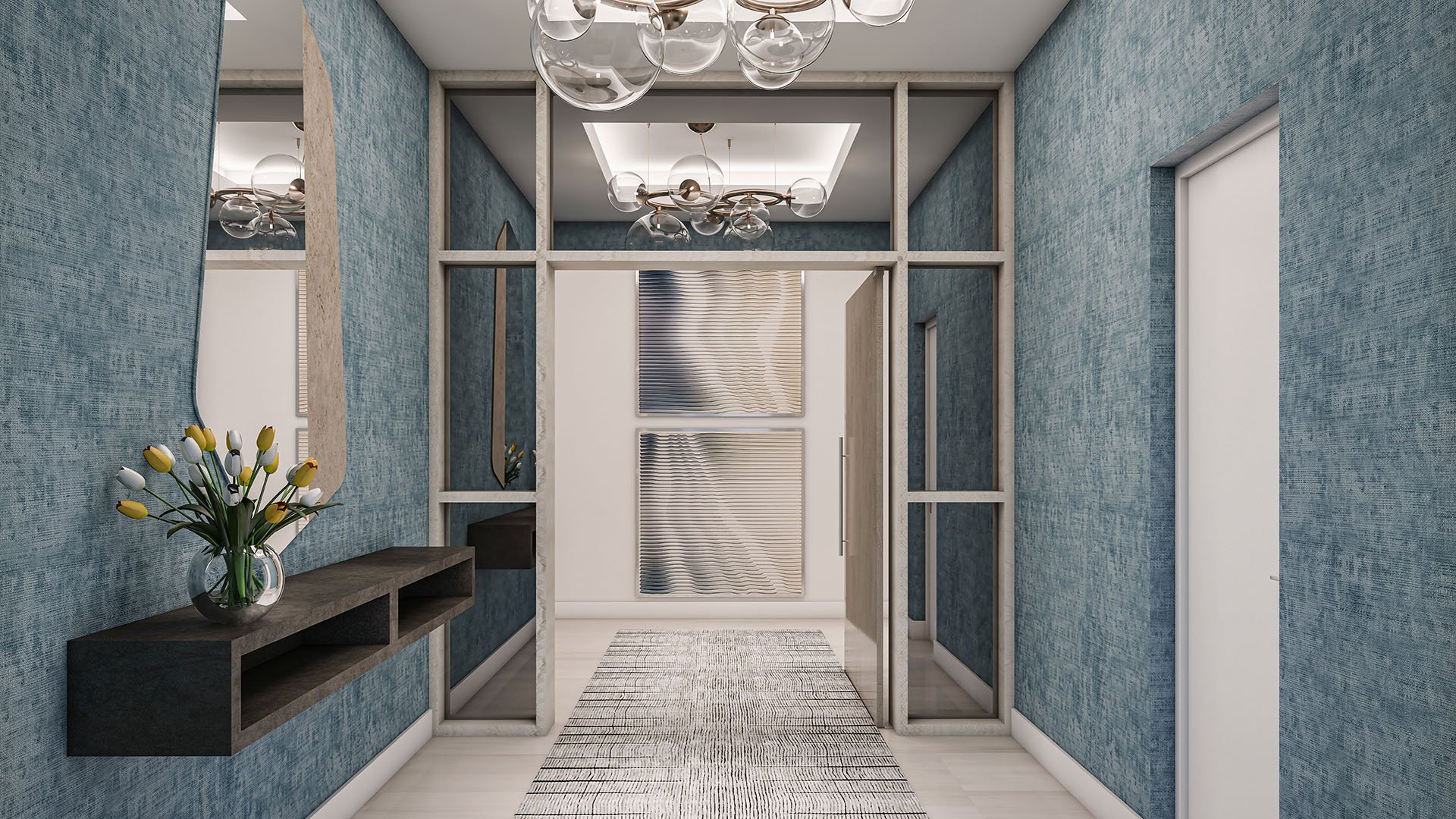 Residence C entry vestibule with blue textured walls, console table, mirror, art and glass globe chandelier at The Ritz-Carlton Residences, Palm Beach Gardens, Florida, highlighting luxury and ultra luxury preconstruction condos.