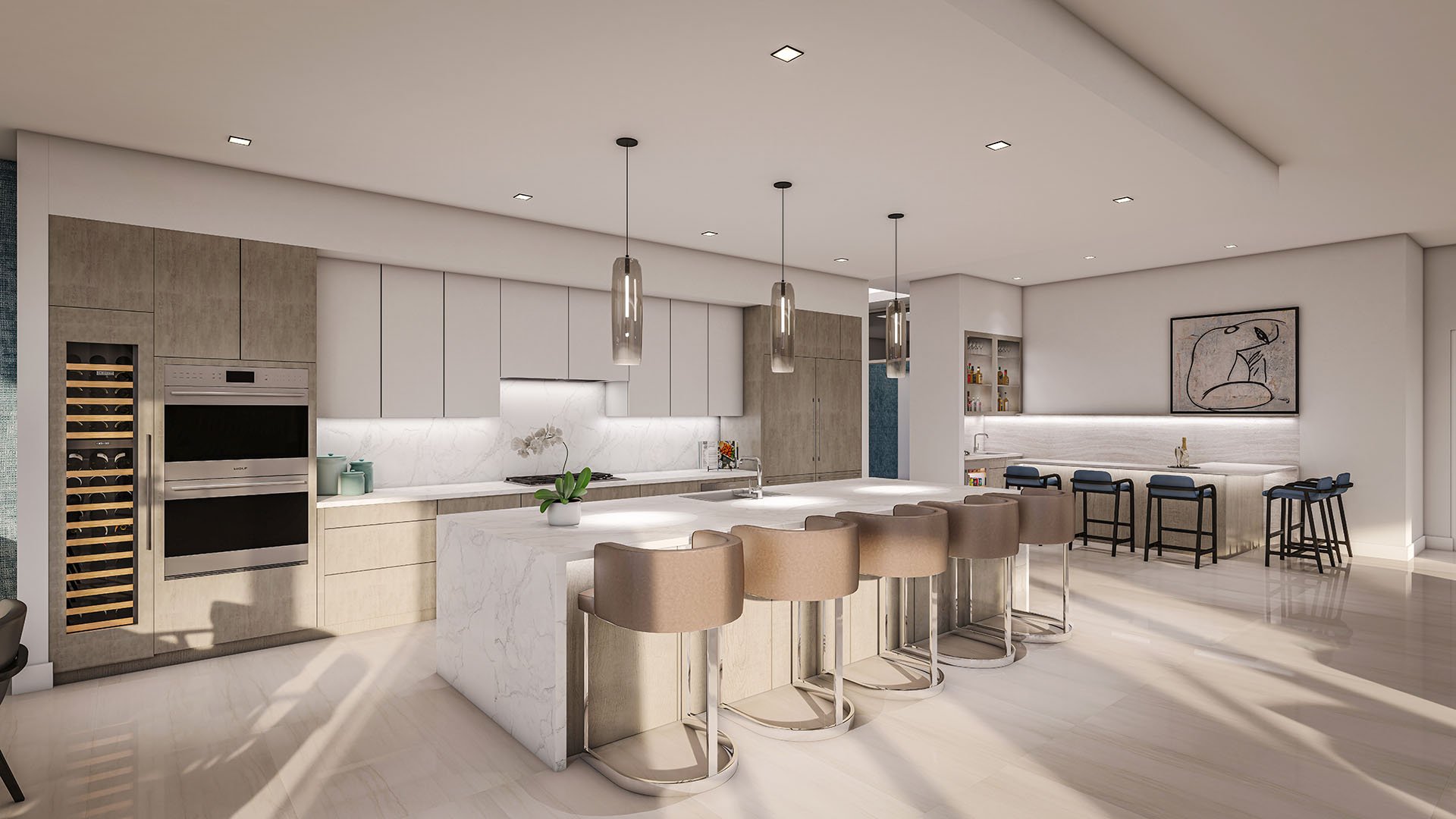 Residence C kitchen and entertainment bar with marble island, bar stools, wine fridge and cocktail shelves at The Ritz-Carlton Residences, Palm Beach Gardens, Florida, highlighting luxury and ultra luxury preconstruction condos.