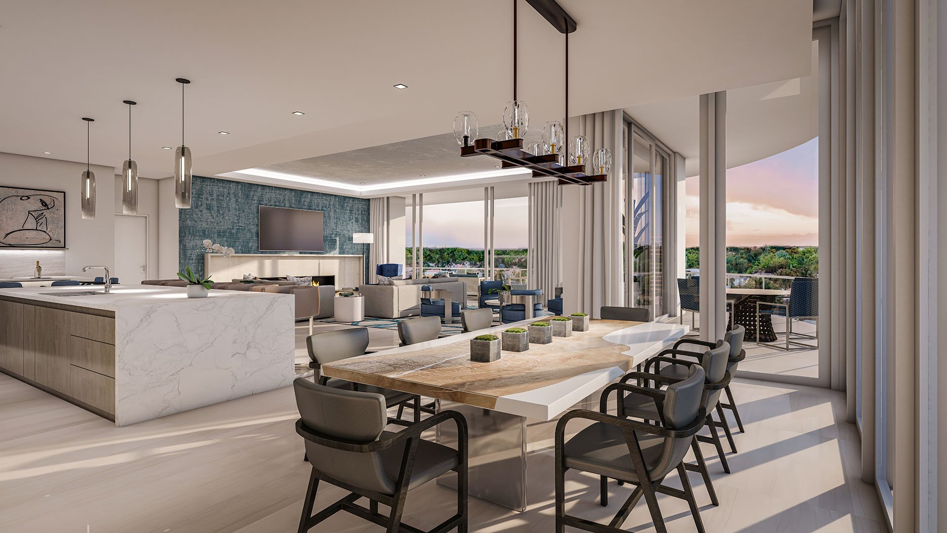Residence C open-concept dining and great room with marble kitchen island, floor-to-ceiling windows and balcony view at The Ritz-Carlton Residences, Palm Beach Gardens, Florida, showcasing luxury and ultra luxury preconstruction condos.