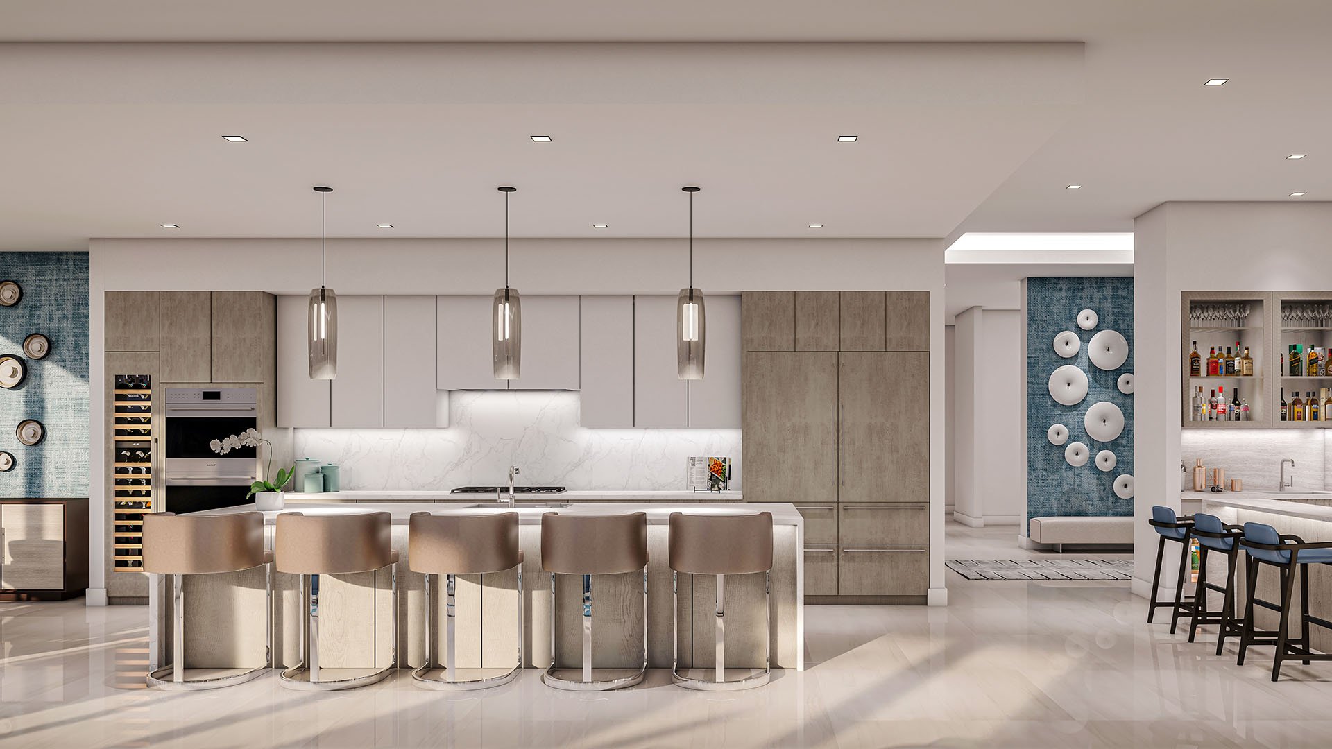 Residence C panoramic kitchen with oversized island, pendant lighting, wine storage and adjacent entertainment bar at The Ritz-Carlton Residences, Palm Beach Gardens, Florida, highlighting luxury and ultra luxury preconstruction condos.