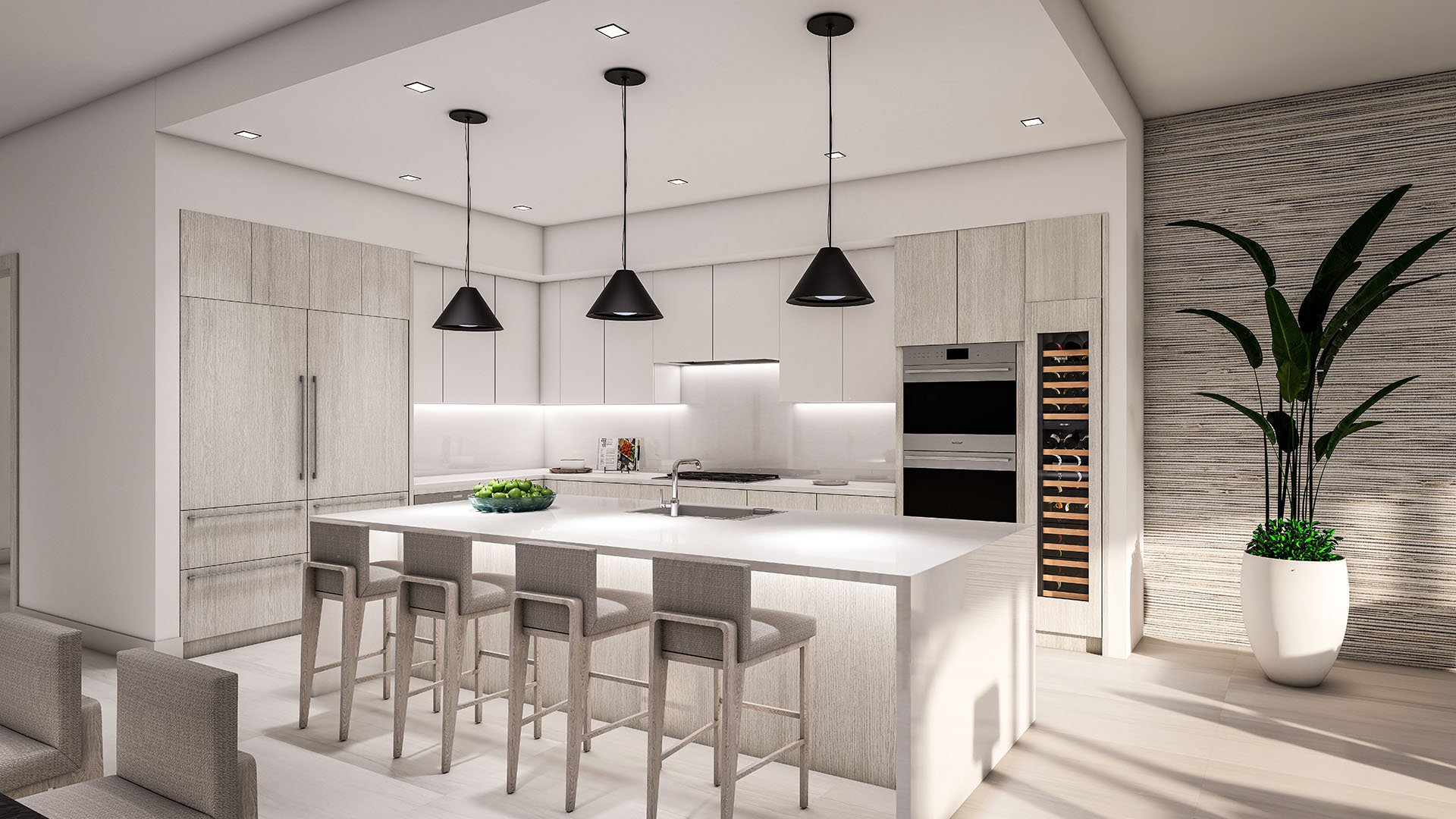 Residence G chef kitchen with oversized island, breakfast bar seating, black pendant lights and built-in wine fridge at The Ritz-Carlton Residences, Palm Beach Gardens, Florida, highlighting luxury and ultra luxury preconstruction condos.