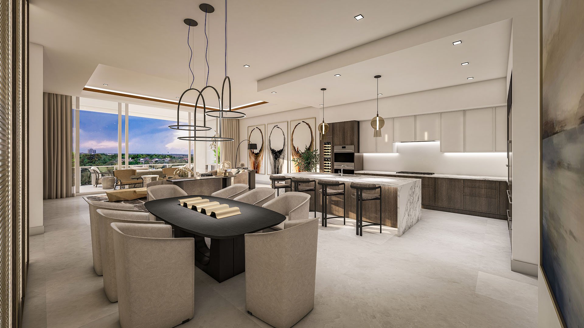 The Ritz-Carlton Residences, Palm Beach Gardens FL open-concept dining and chef kitchen with marble waterfall island and bar seating, showcasing luxury and ultra luxury preconstruction condos with floor-to-ceiling windows and terrace views.