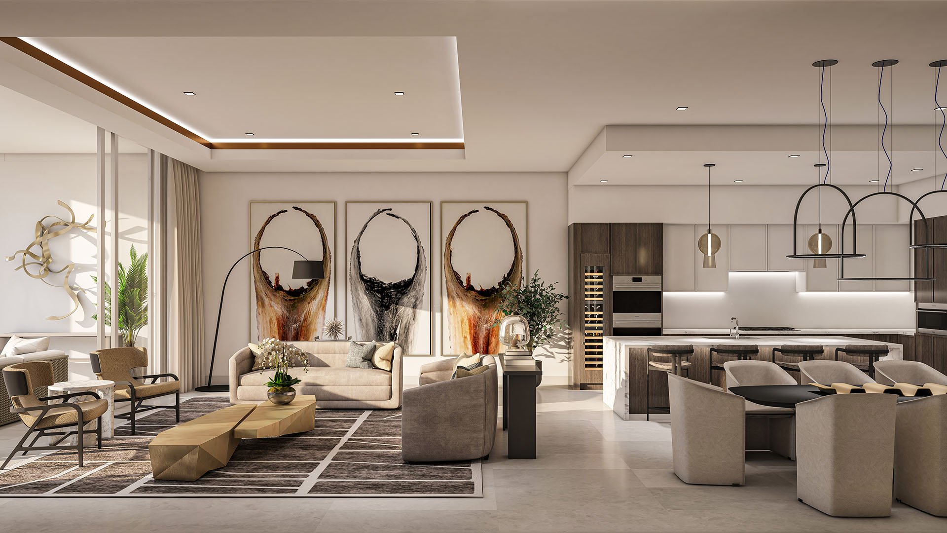 The Ritz-Carlton Residences, Palm Beach Gardens FL great room with stylish living area and open kitchen, marble island and wine storage, framed by floor-to-ceiling glass, defining luxury and ultra luxury preconstruction condos.