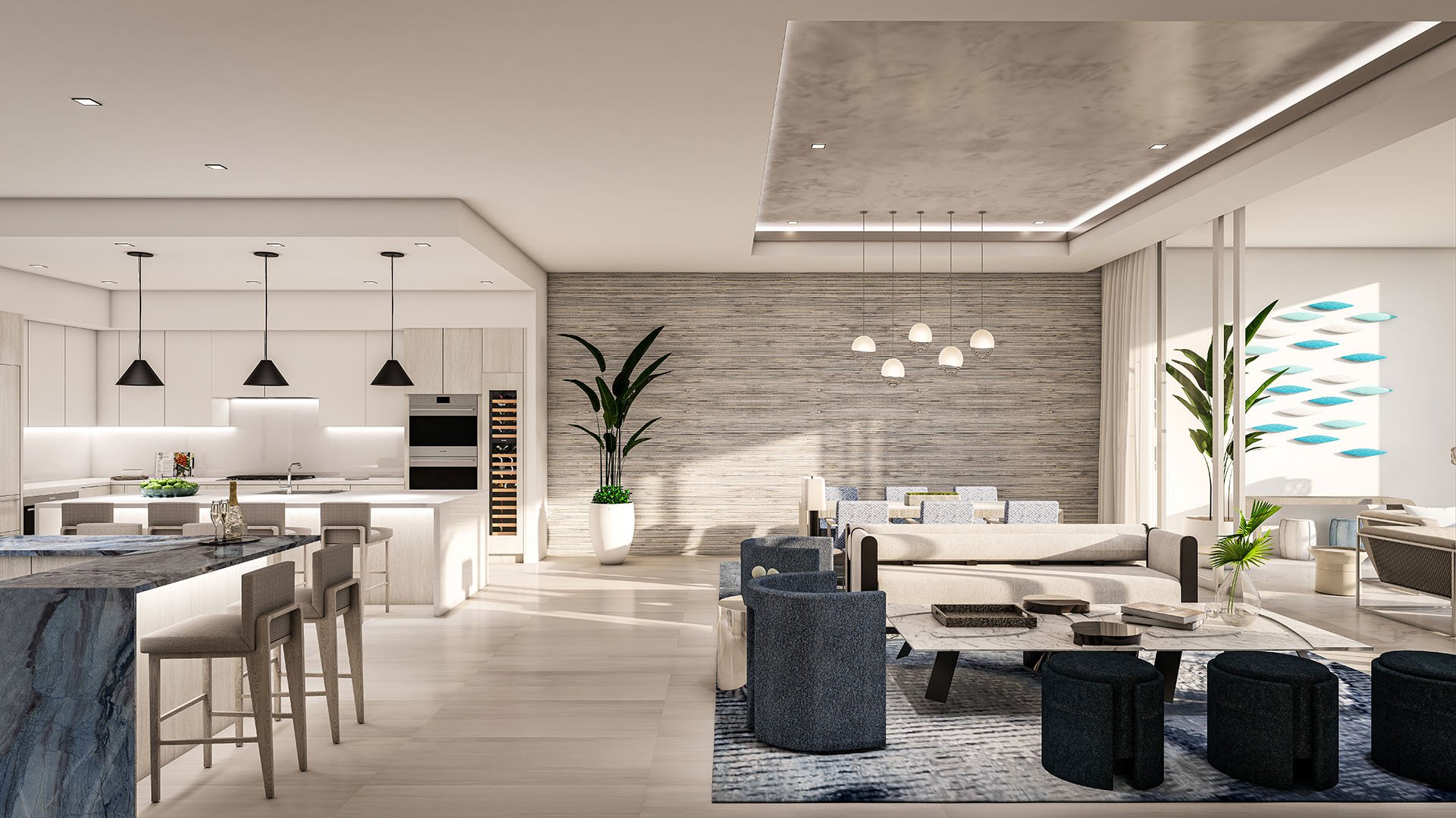 The Ritz-Carlton Residences, Palm Beach Gardens FL open kitchen and great room with waterfall island, lounge seating and dining area, contemporary lighting and coastal tones, representing luxury and ultra luxury preconstruction condos.