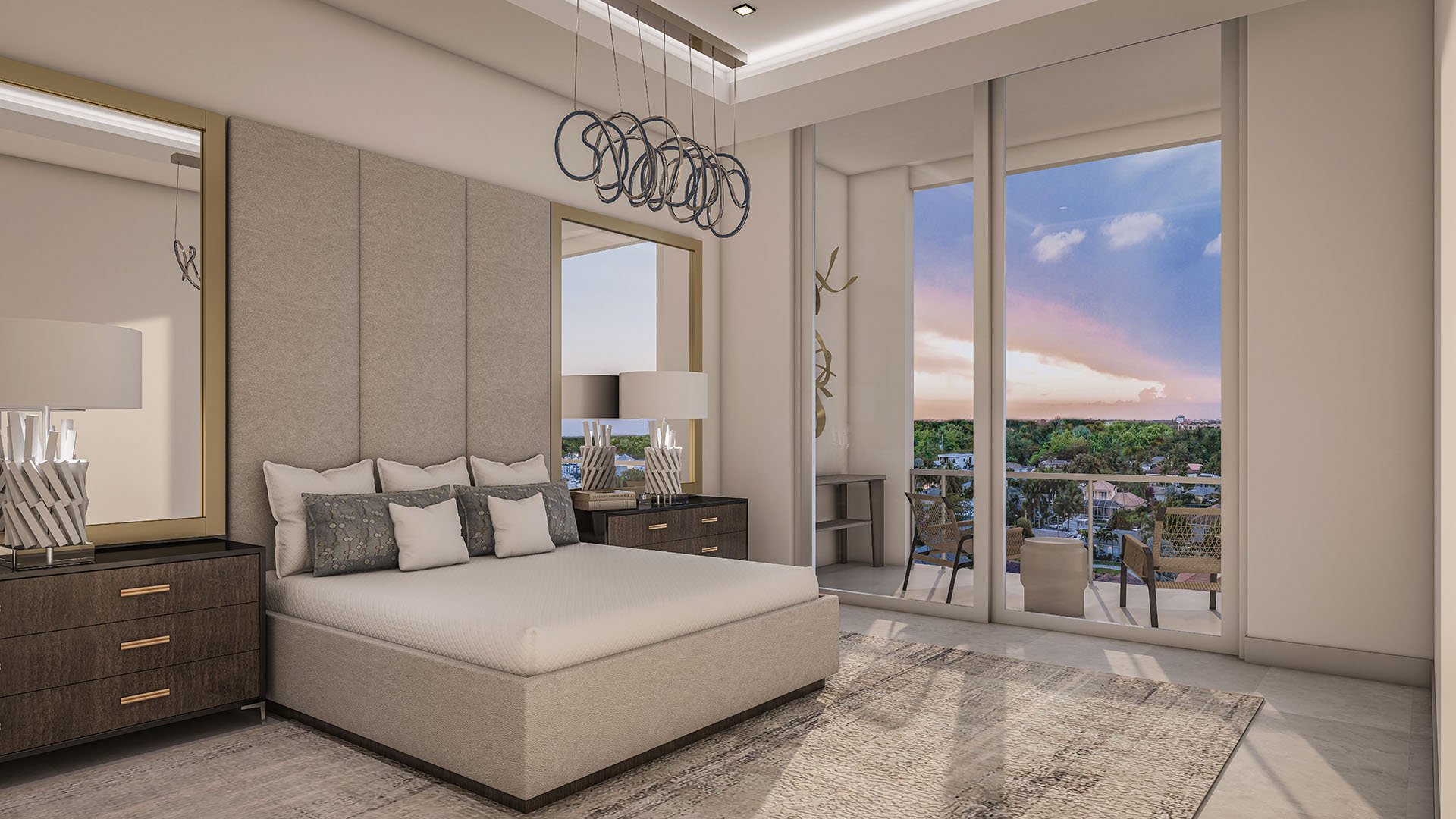 The Ritz-Carlton Residences, Palm Beach Gardens FL primary bedroom with balcony access, floor-to-ceiling windows and sunset skyline, curated furnishings for luxury and ultra luxury preconstruction condos waterfront living.