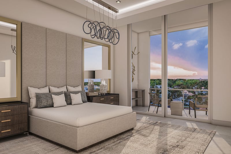 The Ritz-Carlton Residences, Palm Beach Gardens FL primary bedroom with balcony access, floor-to-ceiling windows and sunset skyline, curated furnishings for luxury and ultra luxury preconstruction condos waterfront living.