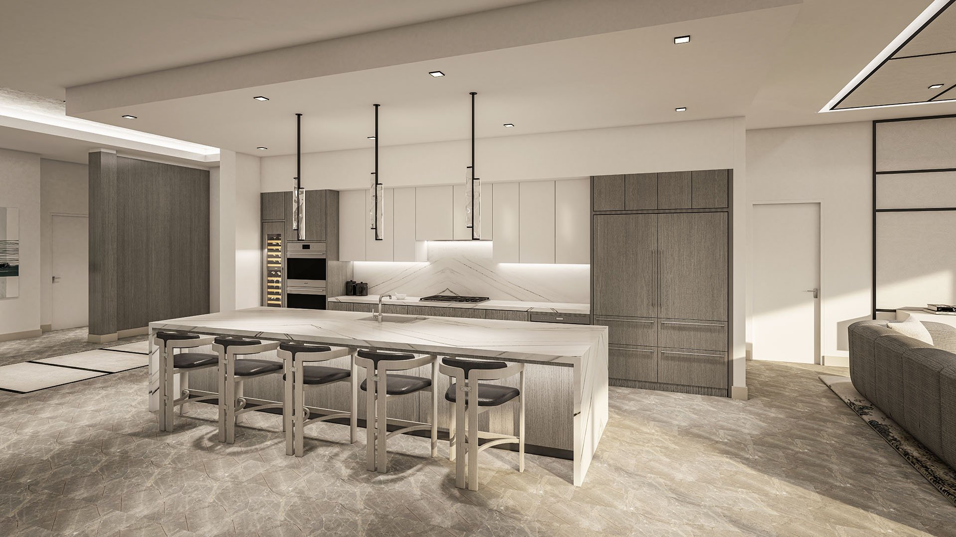 The Ritz-Carlton Residences, Palm Beach Gardens FL Residence H chef kitchen with extra-large marble waterfall island and breakfast bar, integrated appliances and wine storage, highlighting luxury and ultra luxury preconstruction condos.