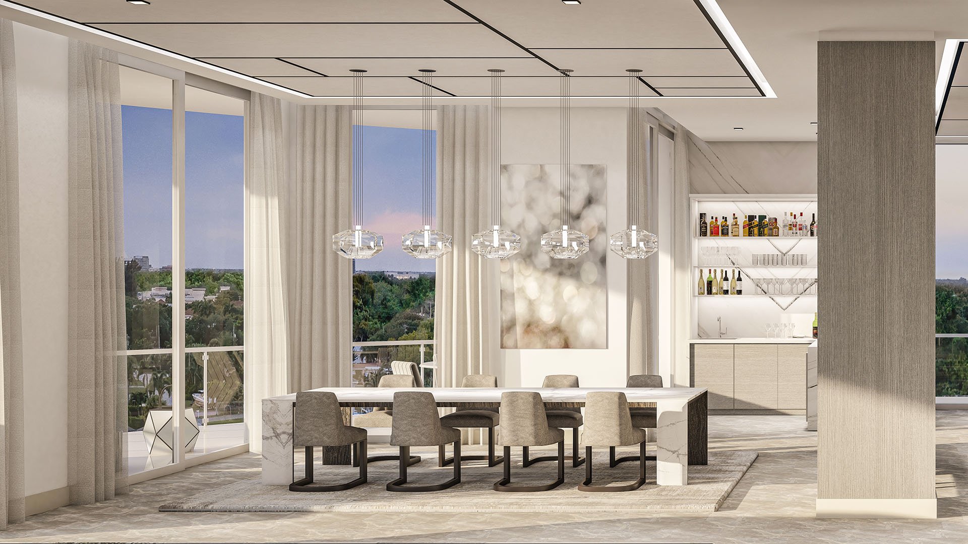 The Ritz-Carlton Residences, Palm Beach Gardens FL Residence H dining room with crystal pendants, long table and built-in wet bar beside floor-to-ceiling glass, promoting luxury and ultra luxury preconstruction condos with waterfront views.