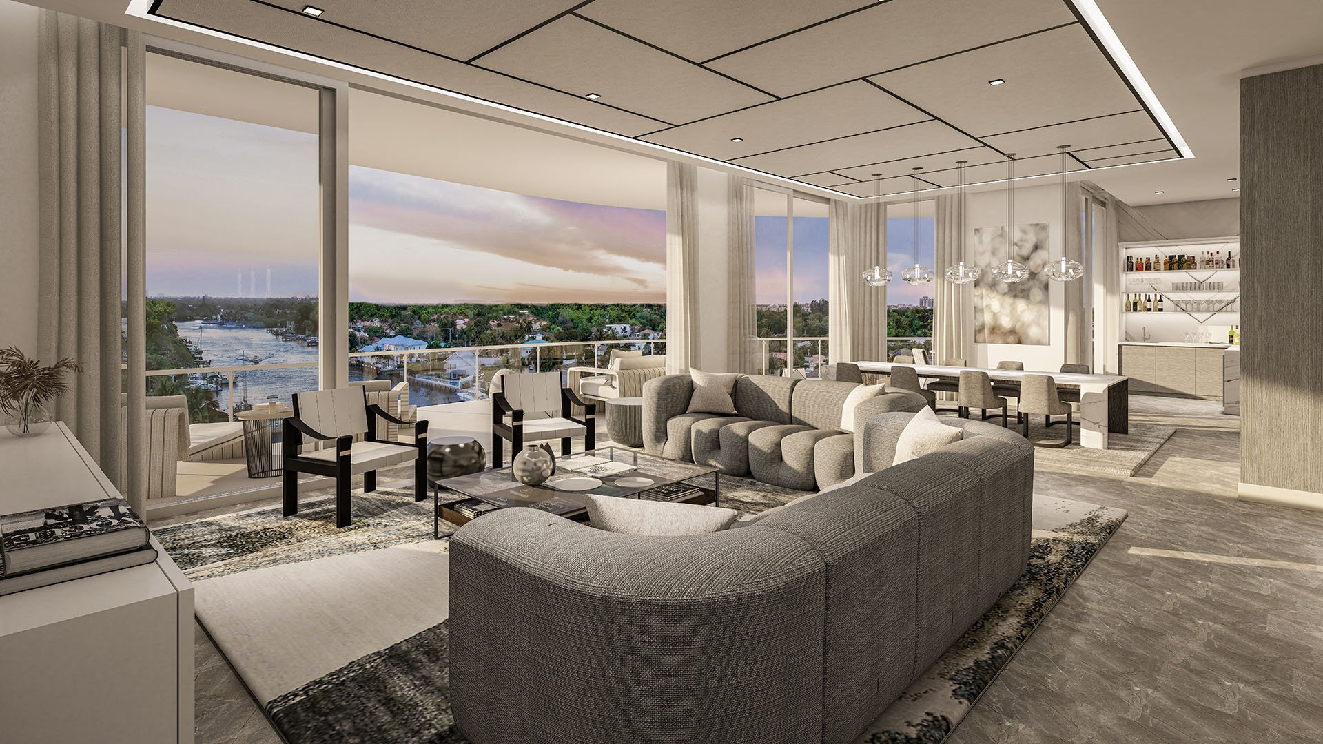 The Ritz-Carlton Residences, Palm Beach Gardens FL Residence H open-concept living and dining with panoramic floor-to-ceiling glass and waterfront terrace, curated for luxury and ultra luxury preconstruction condos.