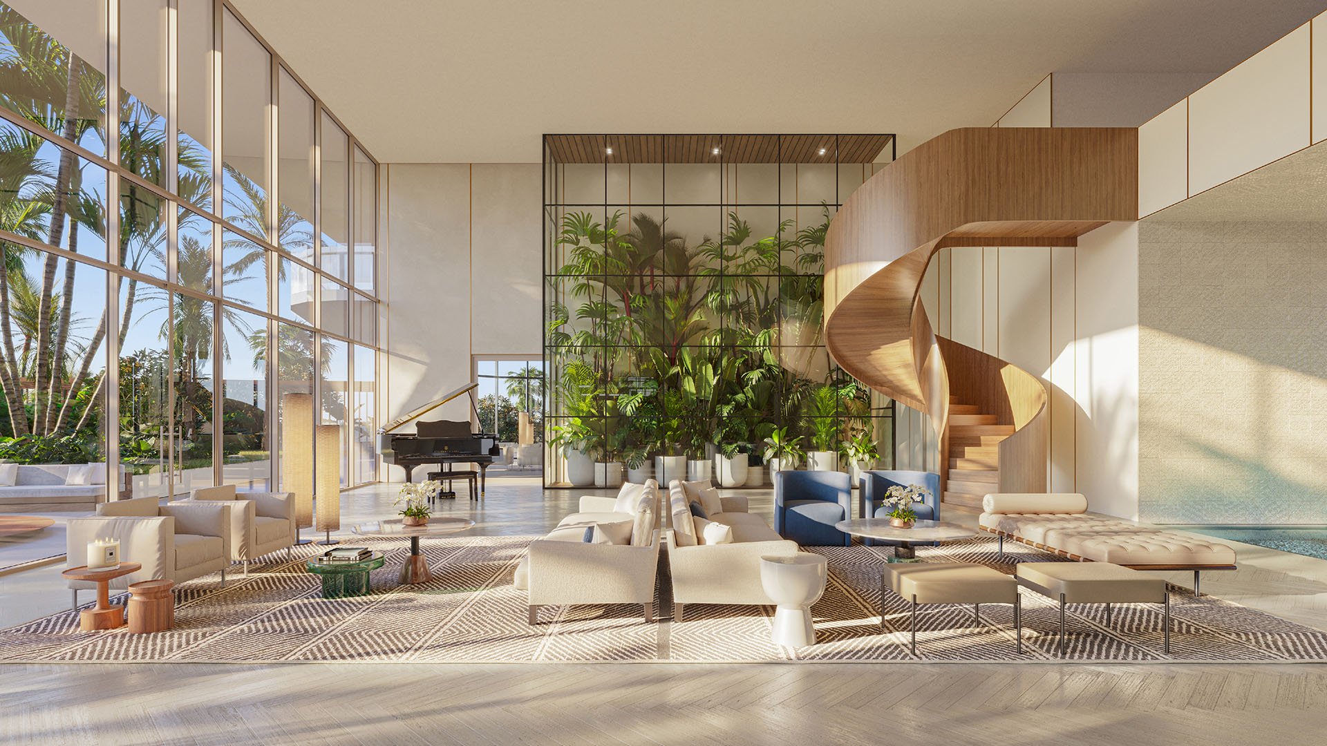 Beach Tower lobby at The Ritz-Carlton Residences Pompano Beach, Florida featuring sculptural spiral staircase, indoor garden and grand piano, illustrating luxury and ultra luxury preconstruction condos with refined amenities.