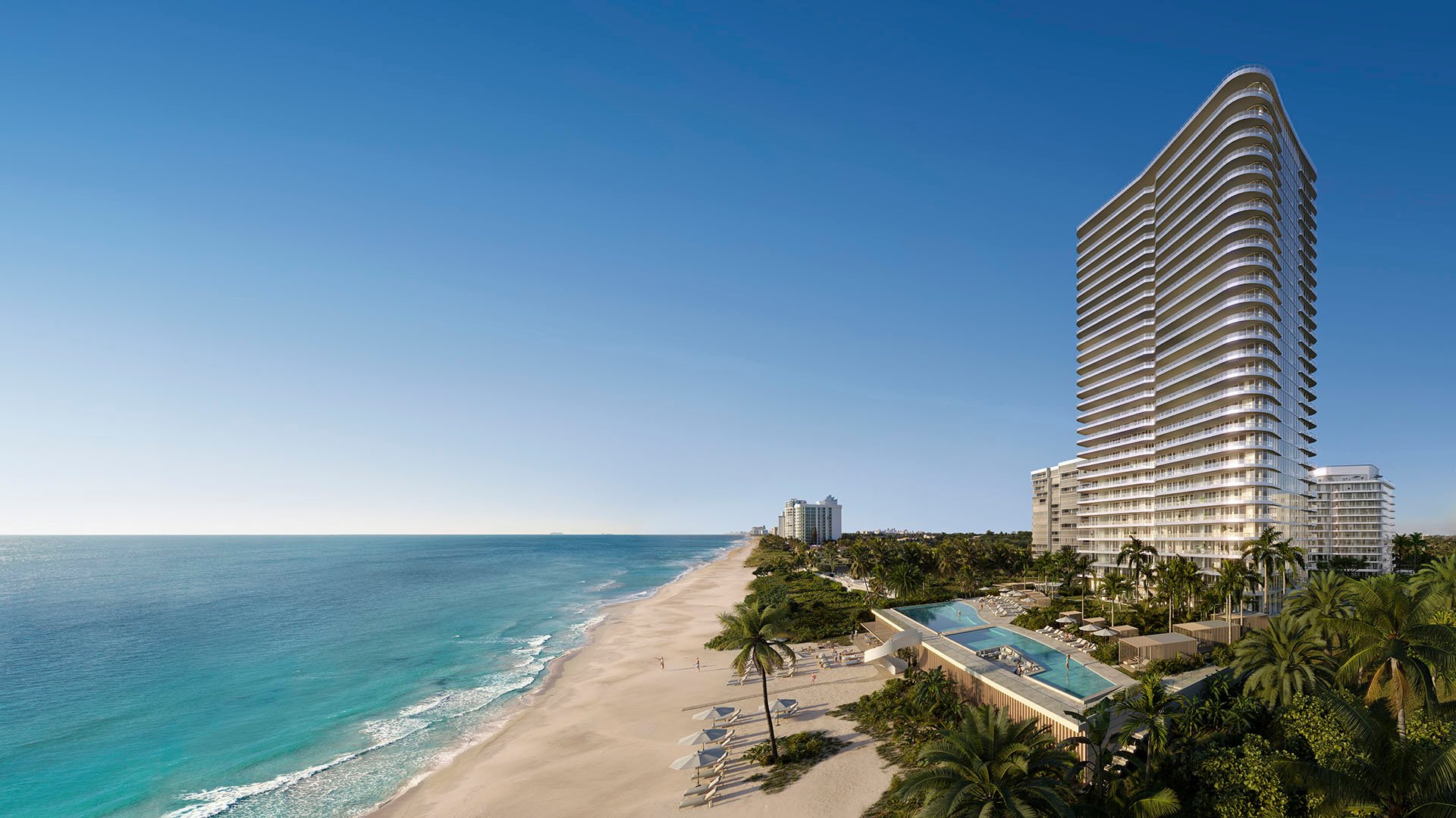 Oceanfront high-rise exterior of The Ritz-Carlton Residences Pompano Beach, Florida Beach Tower on the beachfront, offering sweeping Atlantic views, a signature for luxury and ultra luxury preconstruction condos in South Florida.
