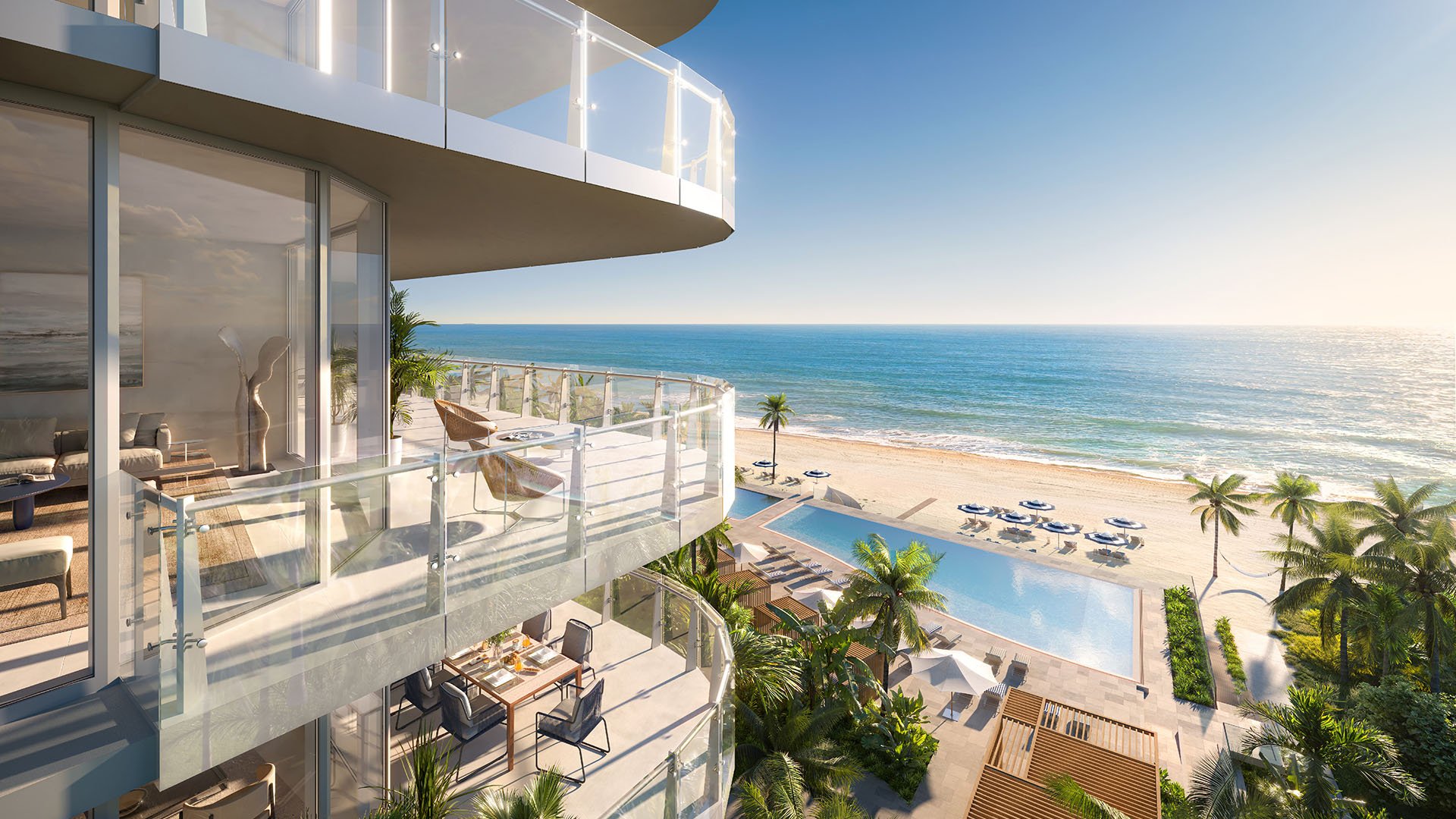 Private balcony terrace with seating and ocean view overlooking the amenity pool at The Ritz-Carlton Residences Pompano Beach, Florida Beach Tower, representing luxury and ultra luxury preconstruction condos indoor-outdoor living.