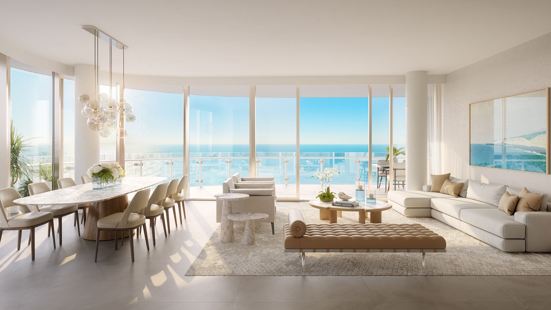 Residence living and dining area with floor-to-ceiling glass and panoramic Atlantic views at The Ritz-Carlton Residences Pompano Beach, Florida Beach Tower, defining luxury and ultra luxury preconstruction condos coastal living.