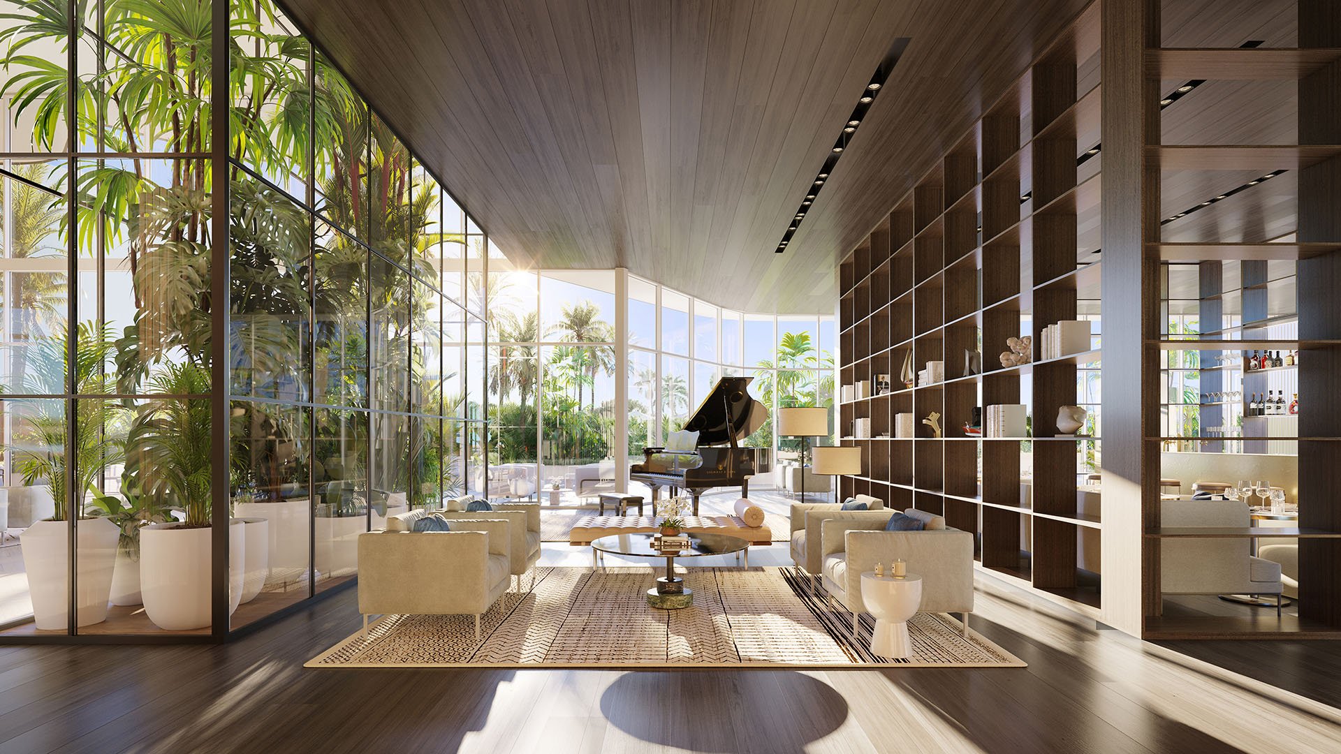 Marina Tower bar and lounge at The Ritz-Carlton Residences Pompano Beach, Florida, with grand piano, curated library wall and waterfront views, showcasing luxury and ultra luxury preconstruction condos social amenity spaces.