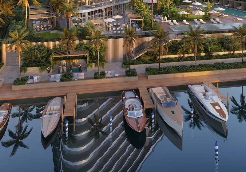 Private marina yacht docks and waterfront pool deck at The Ritz-Carlton Residences Pompano Beach, Florida Marina Tower, highlighting luxury and ultra luxury preconstruction condos with boating access and resort amenities.