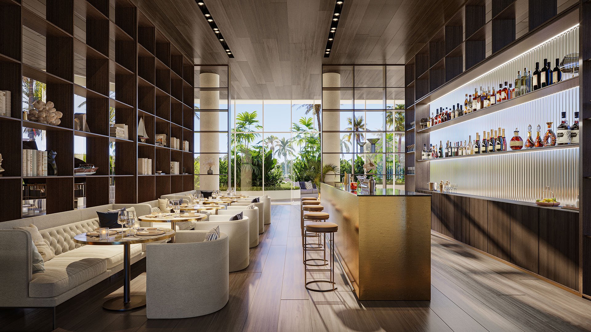 Sundowners bar lounge at The Ritz-Carlton Residences Pompano Beach Marina Tower, with backlit liquor wall, modern wood shelving, plush seating and garden views, featuring luxury and ultra luxury preconstruction condos amenities in Pompano Beach, Florida.