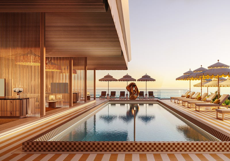 The Ritz‑Carlton South Beach pool at sunset, Miami Beach, resort ambiance surrounded by luxury and ultra luxury condos; resale.