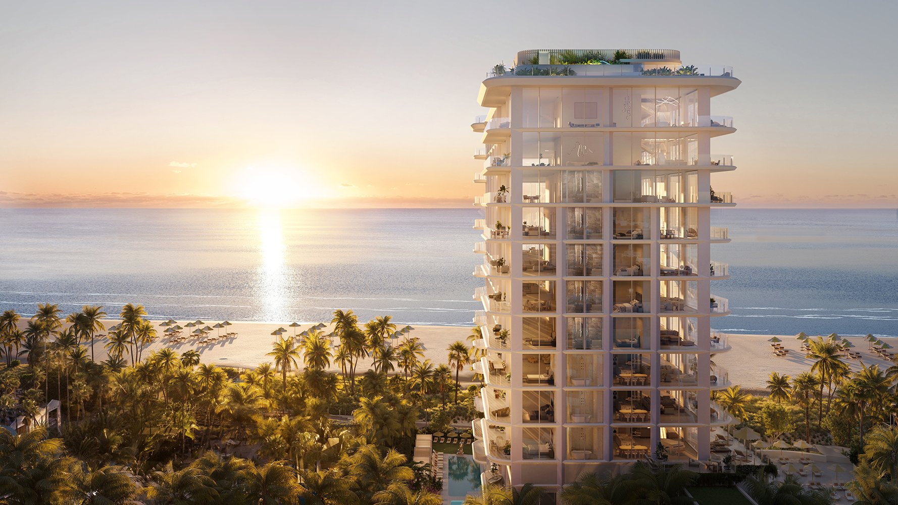 The Ritz‑Carlton South Beach beachfront condominium scene at sunset, Miami Beach—prime corridor of luxury and ultra luxury condos; resale.
